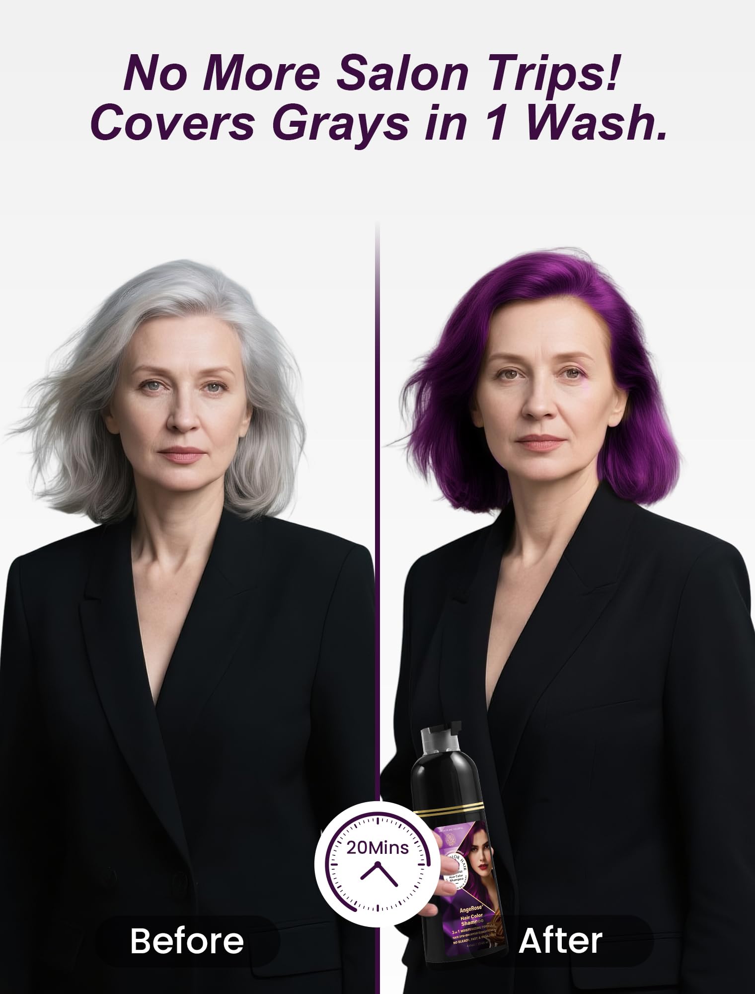 AngeRose Hair Dye Shampoo 3-in-1, Purple – Quick Gray Coverage in 15 Minutes