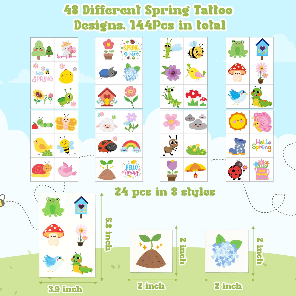 ANGOLIO Spring Themed Temporary Tattoos – 24 Large Animal Patterns for Kids' Parties & Classroom Rewards