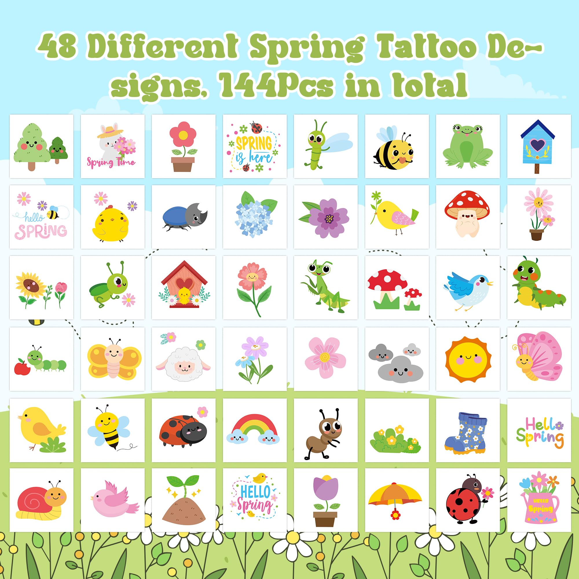 ANGOLIO Spring Themed Temporary Tattoos – 24 Large Animal Patterns for Kids' Parties & Classroom Rewards