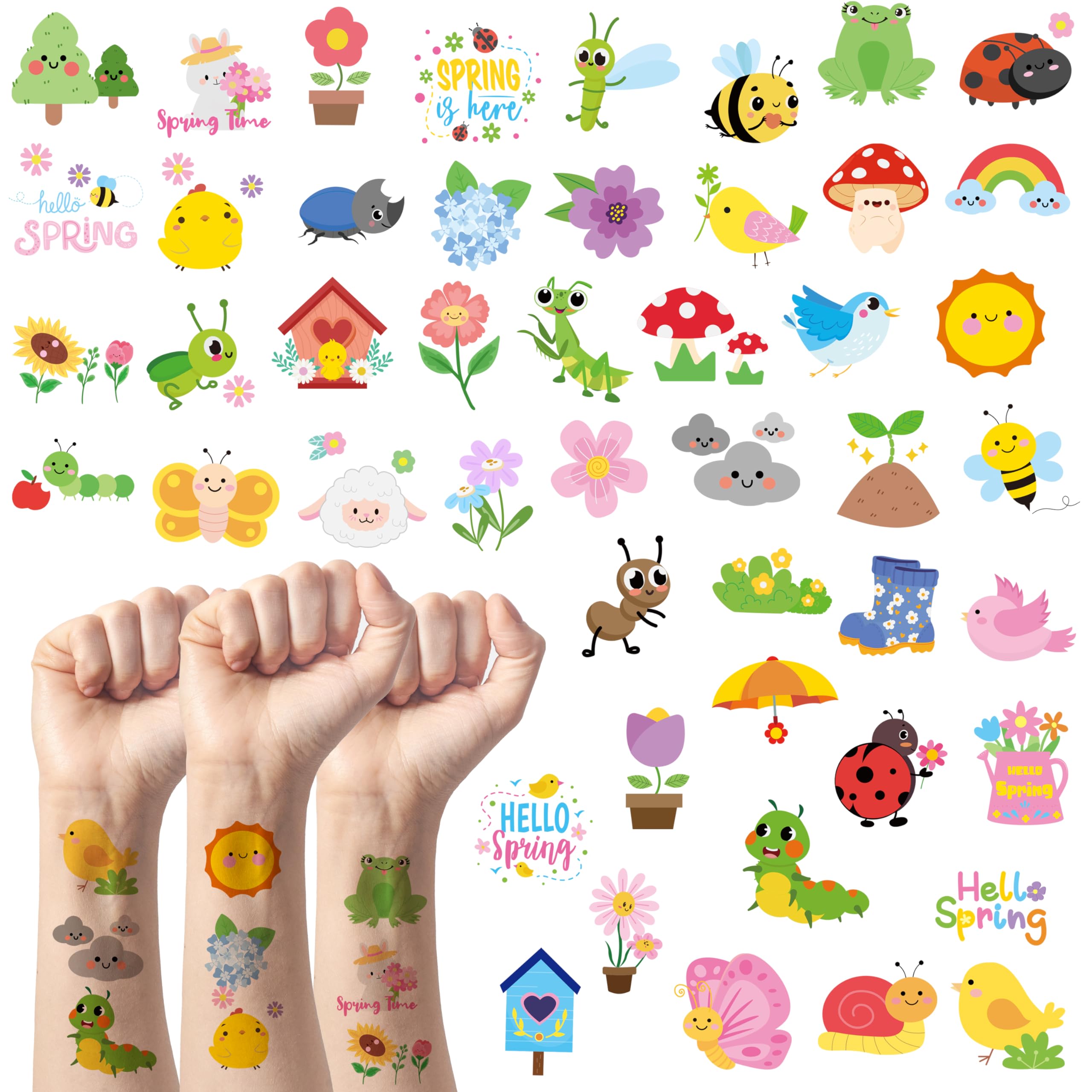 ANGOLIO Spring Themed Temporary Tattoos – 24 Large Animal Patterns for Kids' Parties & Classroom Rewards
