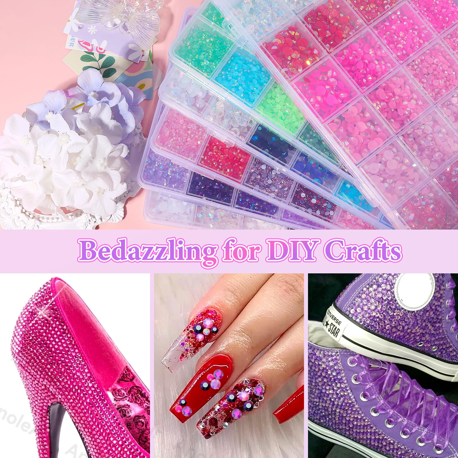 AnoleAir 22000Pcs Pink Purple Rhinestones Kit – Flatback Jelly Resin Gems for Nails, Crafts & Decor