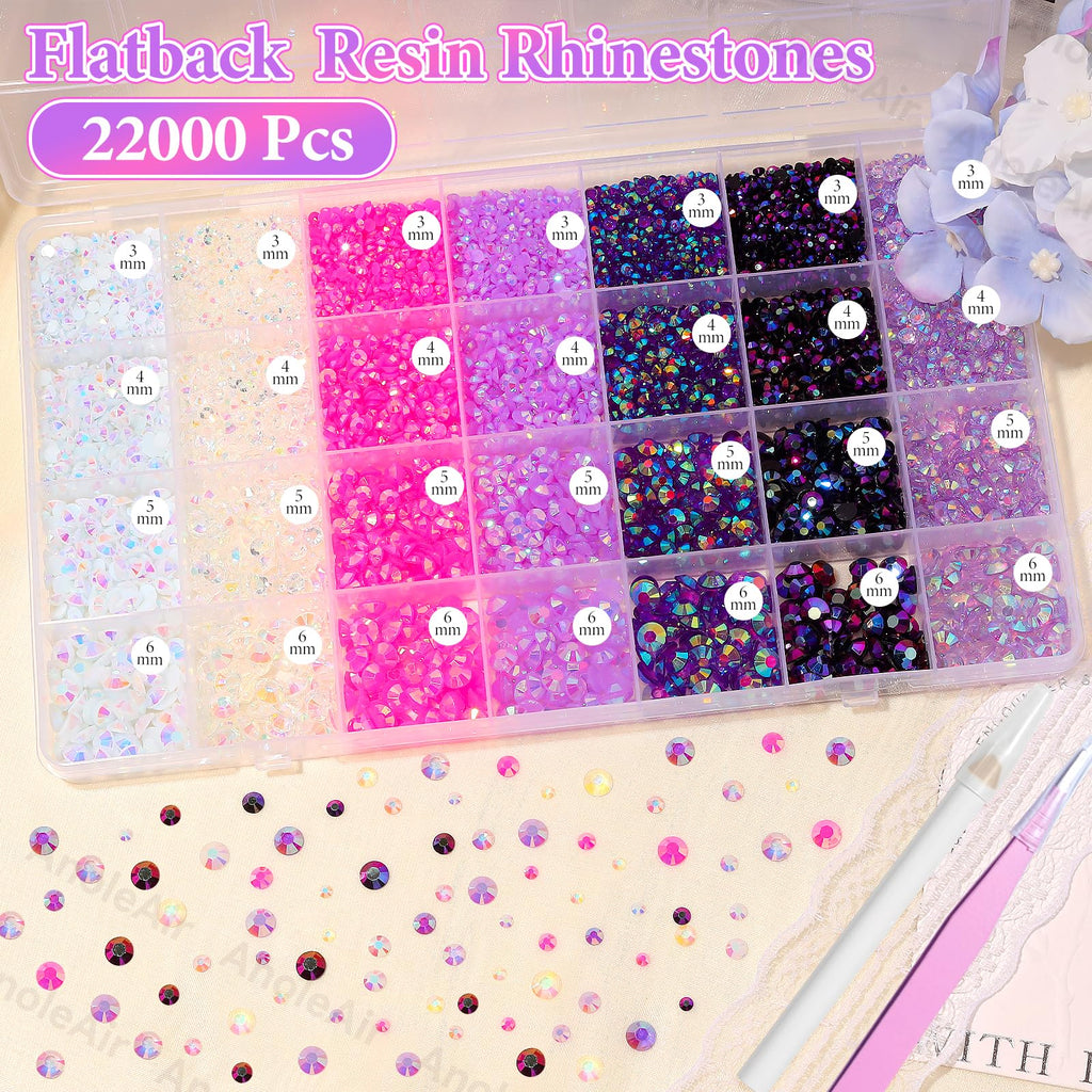 AnoleAir 22000Pcs Pink Purple Rhinestones Kit – Flatback Jelly Resin Gems for Nails, Crafts & Decor
