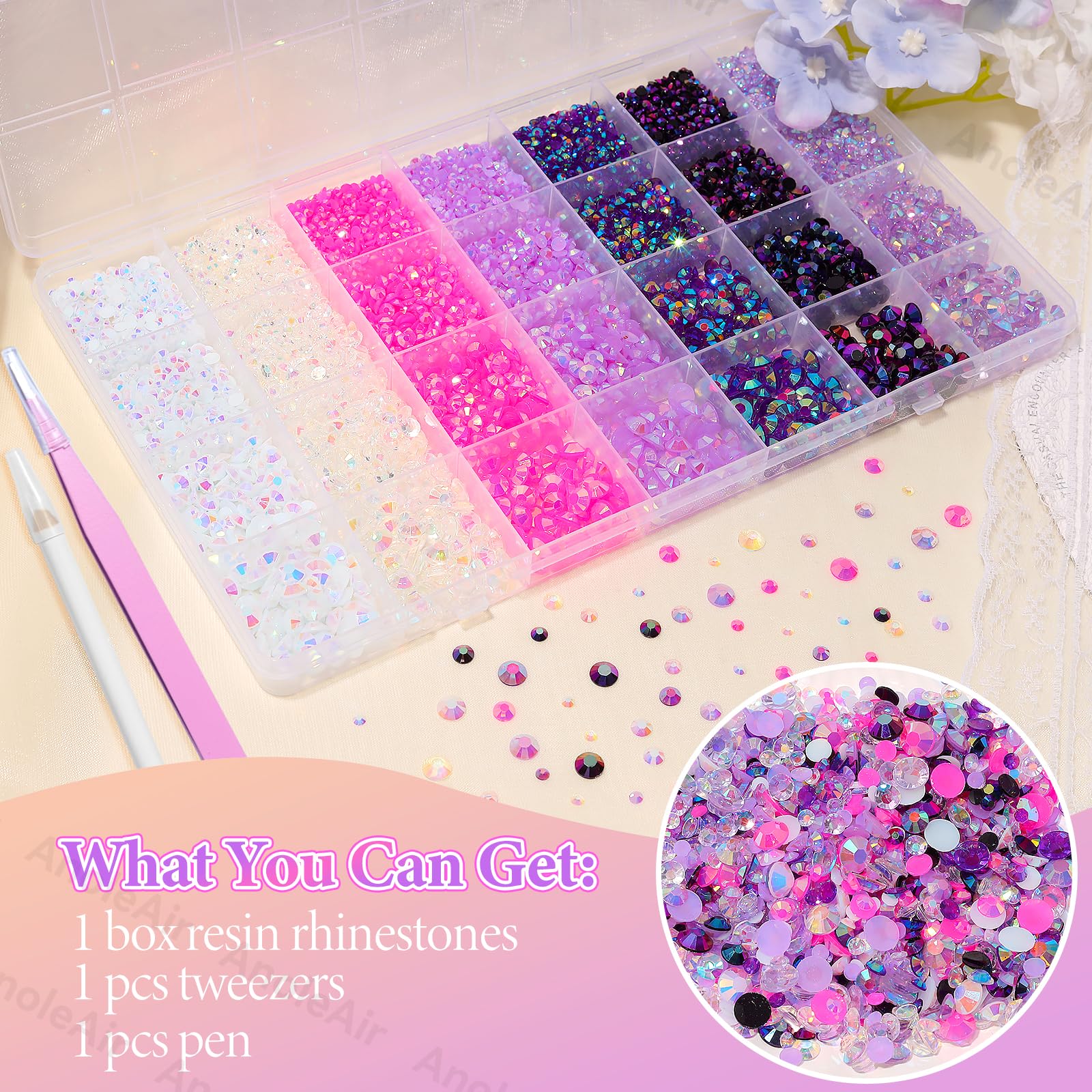 AnoleAir 22000Pcs Pink Purple Rhinestones Kit – Flatback Jelly Resin Gems for Nails, Crafts & Decor