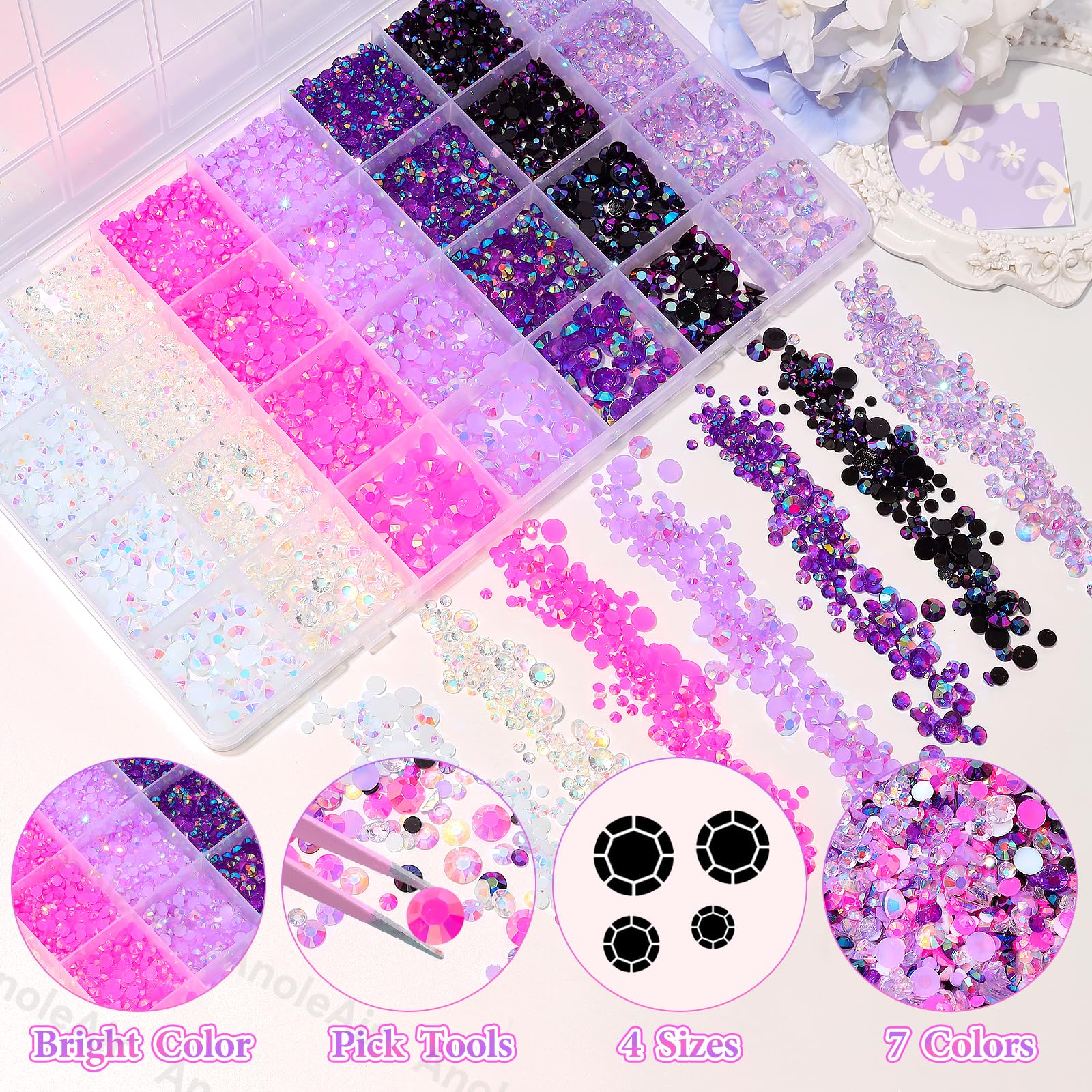 AnoleAir 22000Pcs Pink Purple Rhinestones Kit – Flatback Jelly Resin Gems for Nails, Crafts & Decor