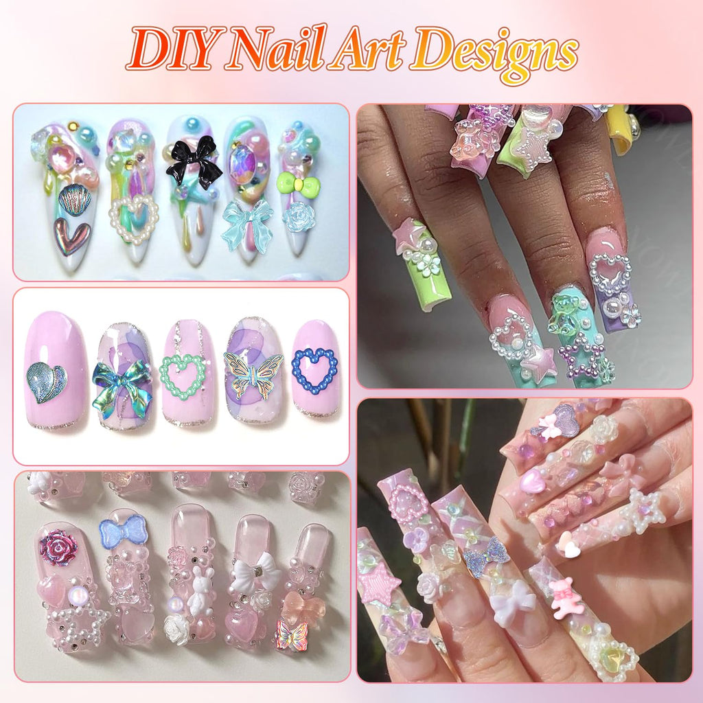 Anower 3D Nail Charms and Gems Mix - Butterfly, Flower, Bow, Heart