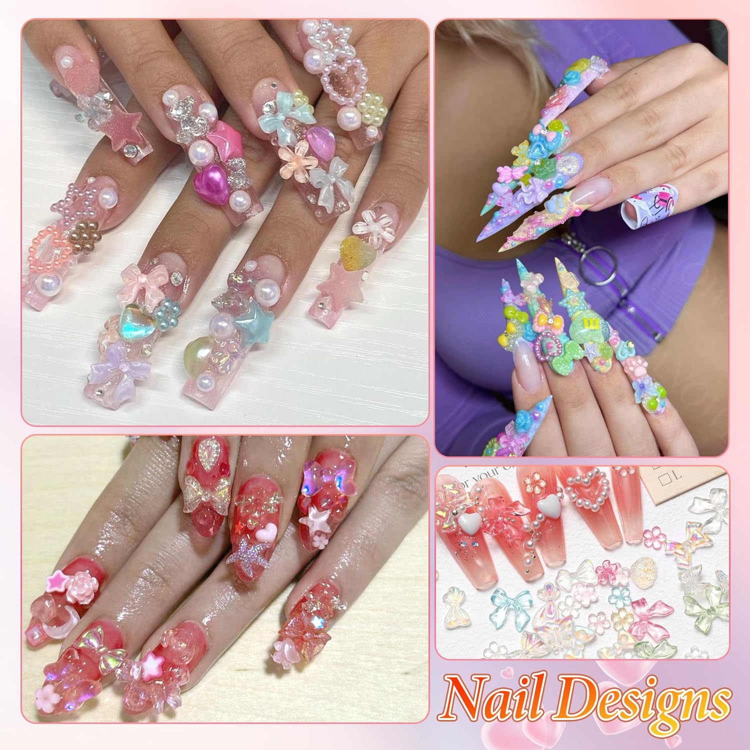 Anower 3D Nail Charms and Gems Mix - Butterfly, Flower, Bow, Heart