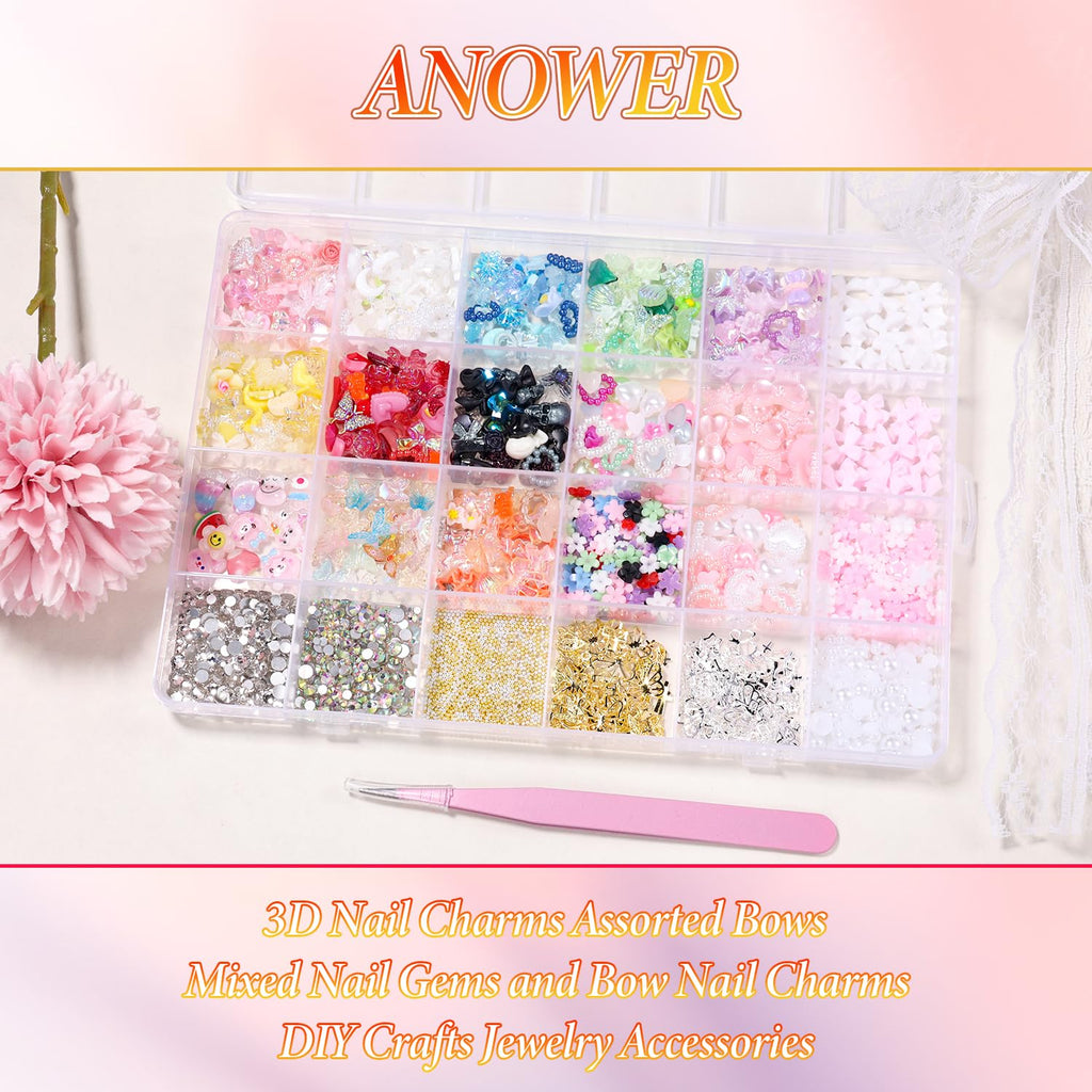 Anower 3D Nail Charms and Gems Mix - Butterfly, Flower, Bow, Heart