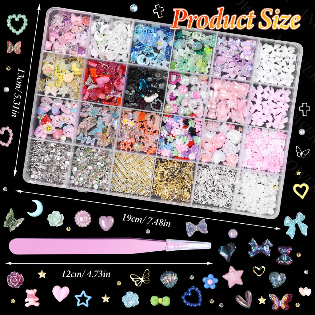 Anower 3D Nail Charms and Gems Mix - Butterfly, Flower, Bow, Heart