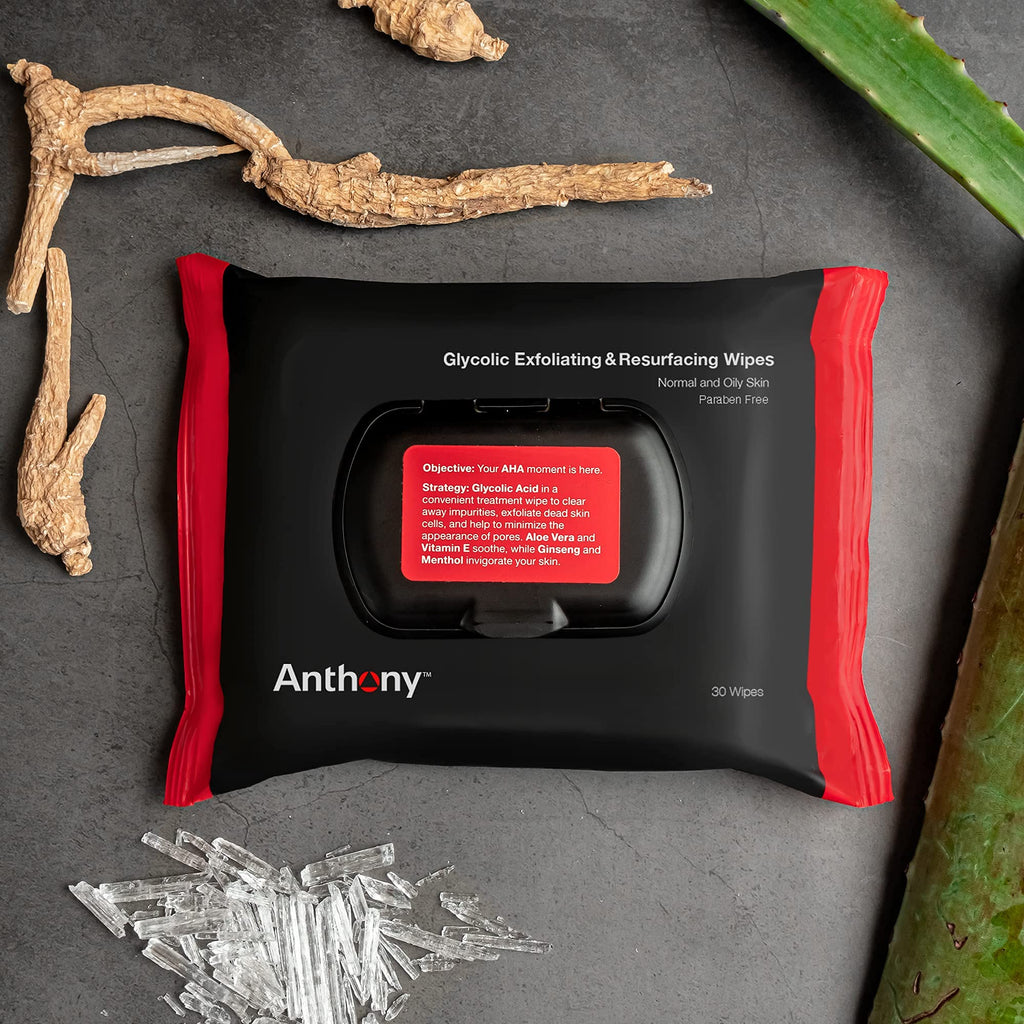 Anthony Glycolic Exfoliating & Resurfacing Wipes – Dual-Sided Cleanser for Men’s Skin (30 Sheets)