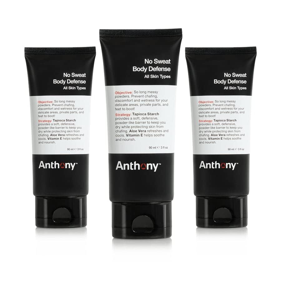 Anthony No Sweat Body Defense for Men – Cream-to-Powder, Talc-Free, Anti-Chafe & Odor Control (Pack of 3, 3 oz each)