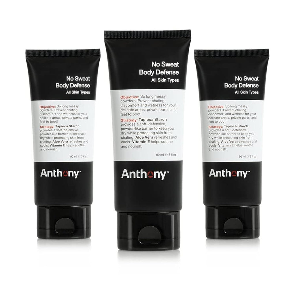 Anthony No Sweat Body Defense for Men – Cream-to-Powder, Talc-Free, Anti-Chafe & Odor Control (Pack of 3, 3 oz each)