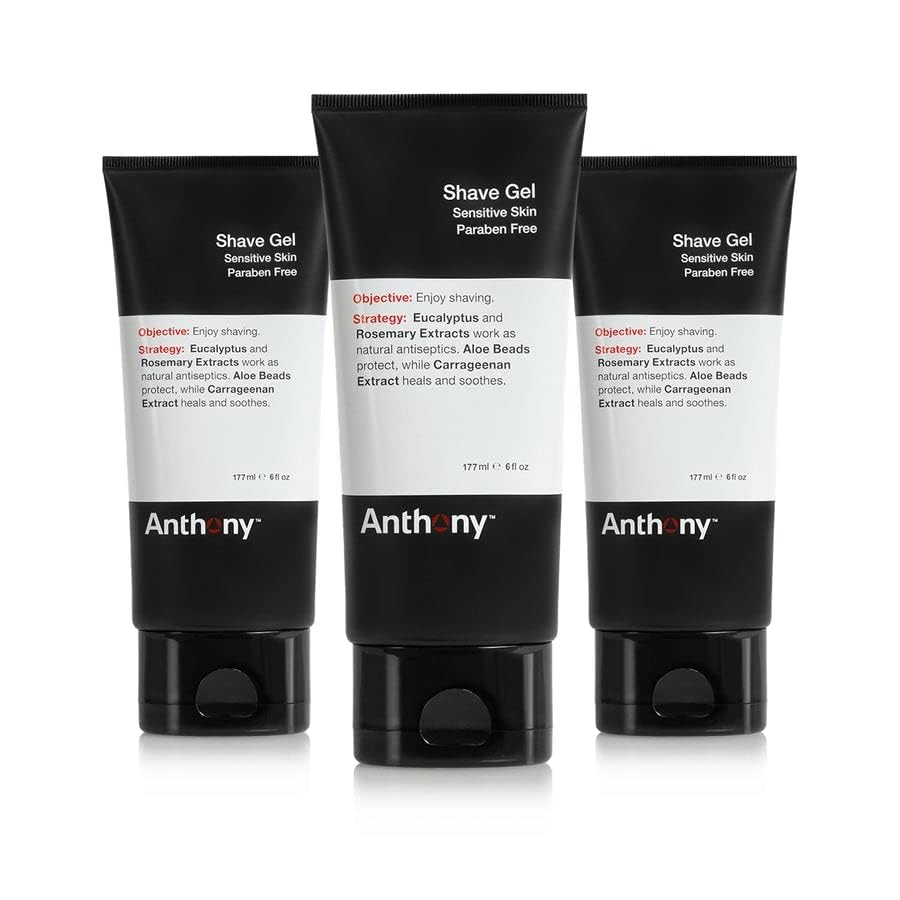 Anthony Shave Gel for Sensitive Skin – Non-Foaming, Aloe Vera Beads (6 oz, 3 Pack)