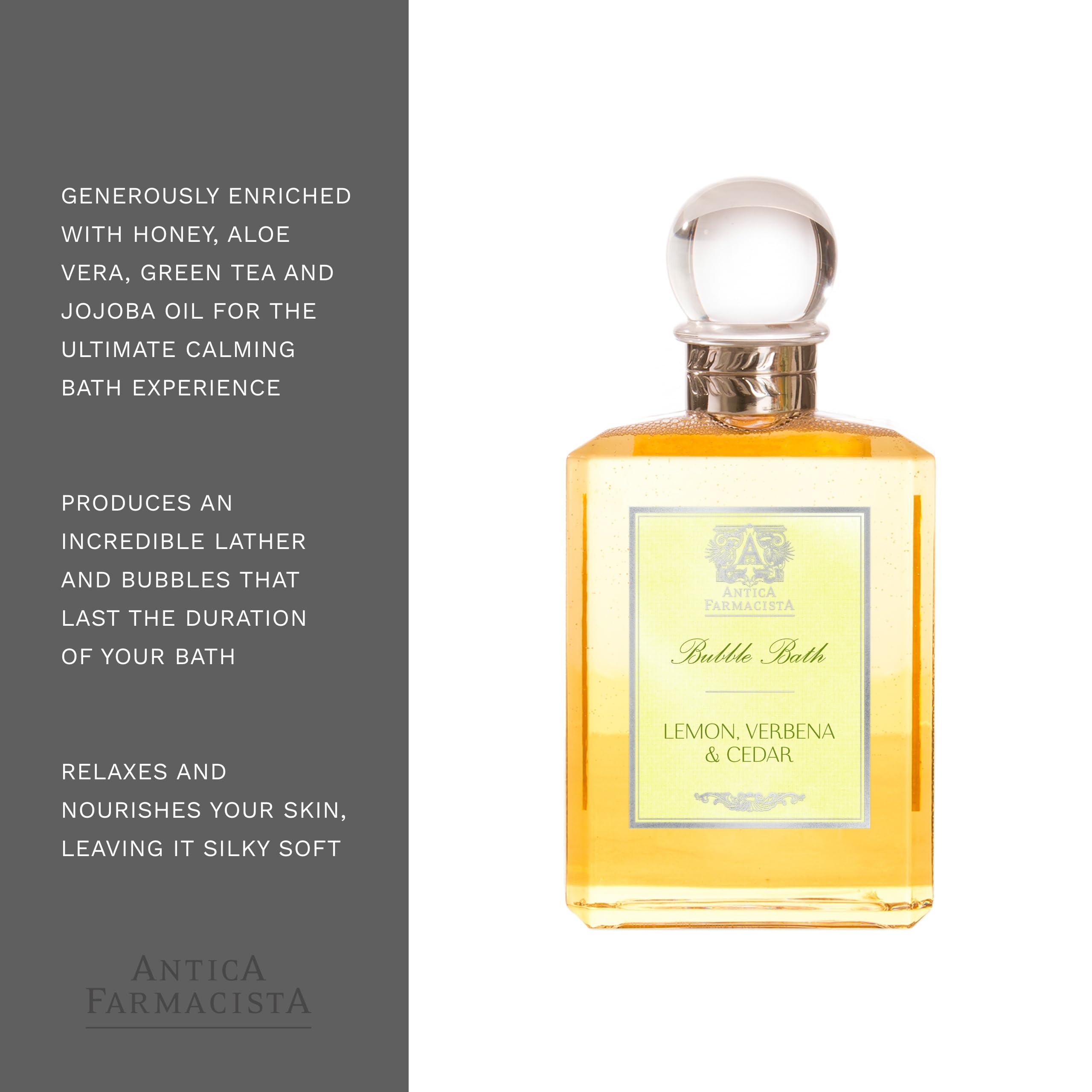 Antica Farmacista Bubble Bath – Relaxing Foam with Honey, Jojoba Oil & Aloe Vera | Lemon, Verbena & Cedar, 16 fl oz