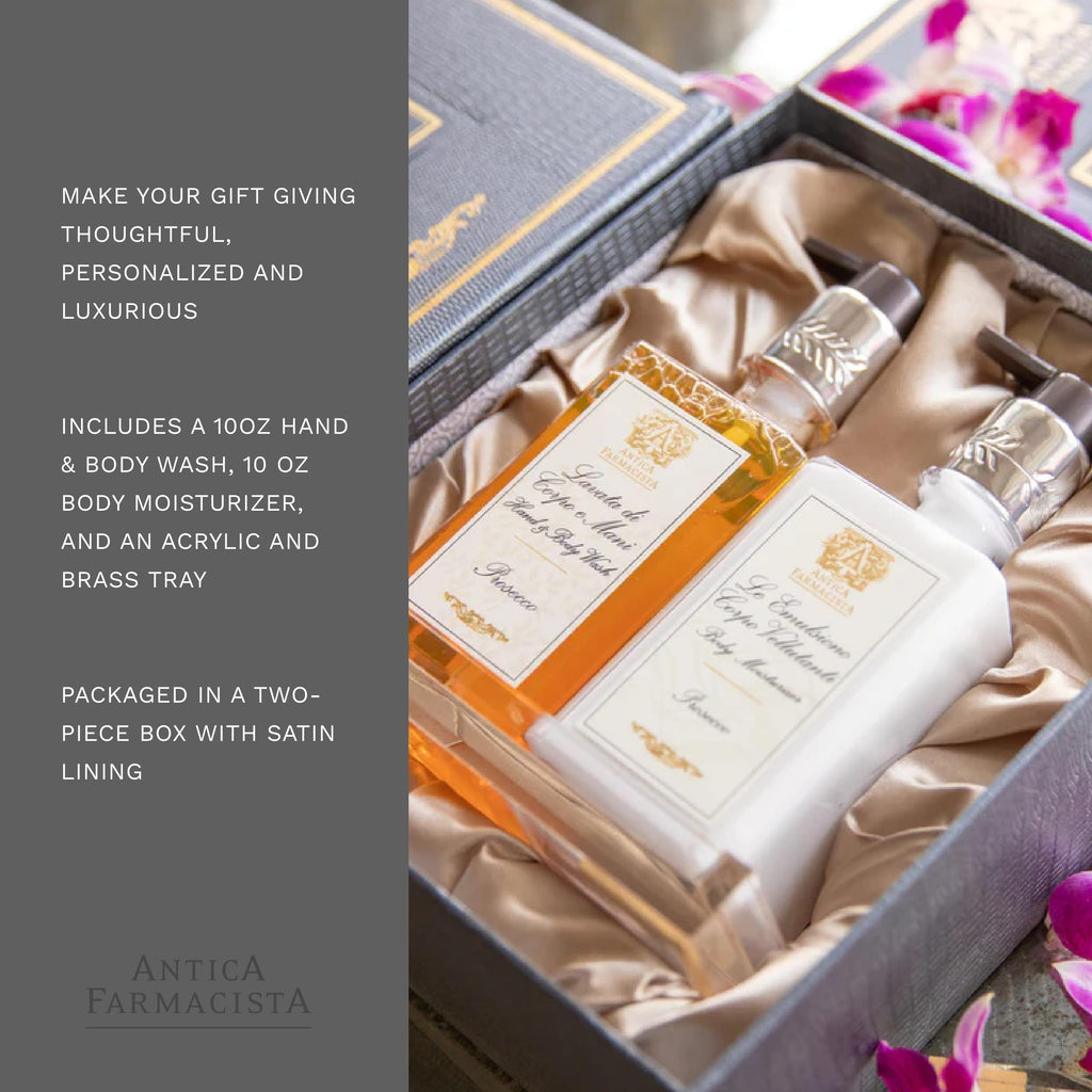 Antica Farmacista Acrylic Bath & Body Gift Set – Prosecco Scent, Hand & Body Wash, Moisturizer & Tray