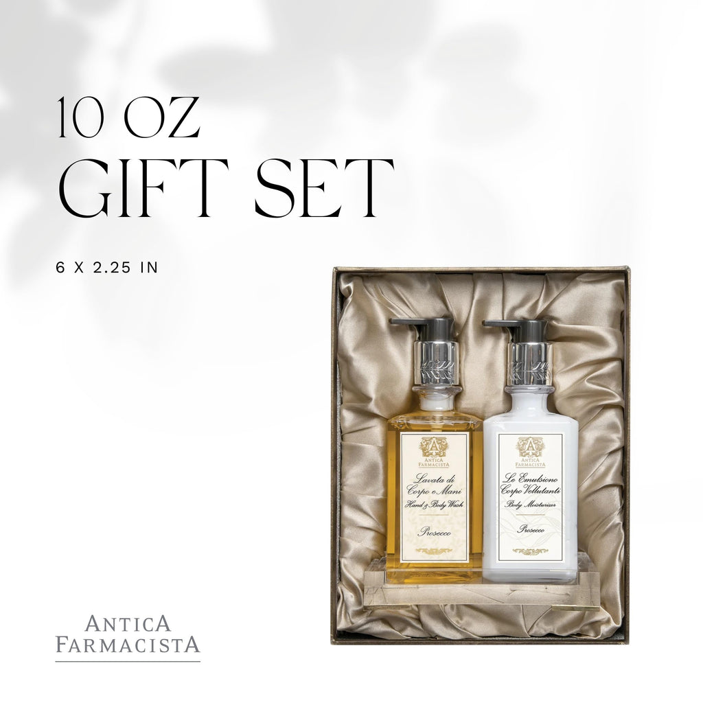 Antica Farmacista Acrylic Bath & Body Gift Set – Prosecco Scent, Hand & Body Wash, Moisturizer & Tray