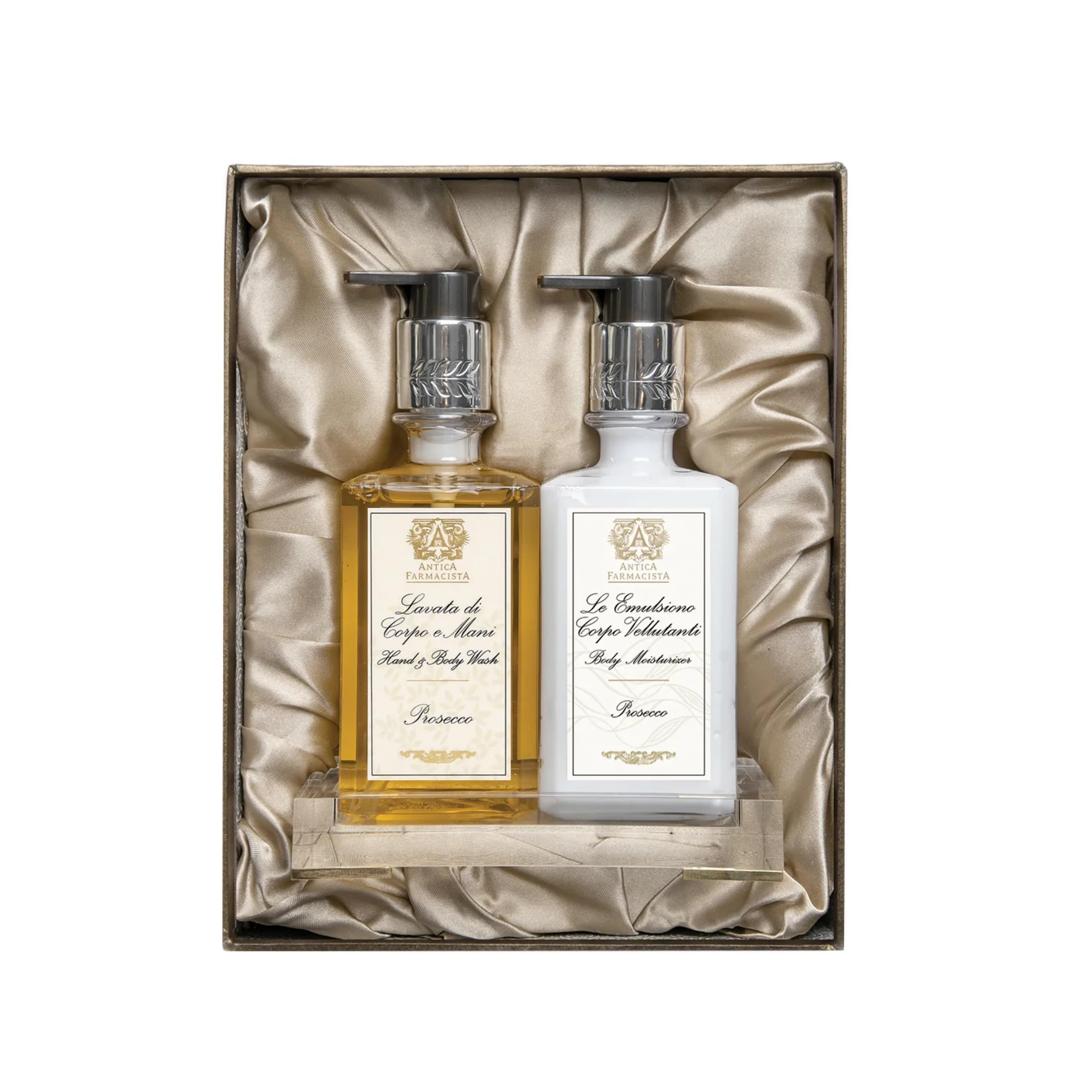 Antica Farmacista Acrylic Bath & Body Gift Set – Prosecco Scent, Hand & Body Wash, Moisturizer & Tray