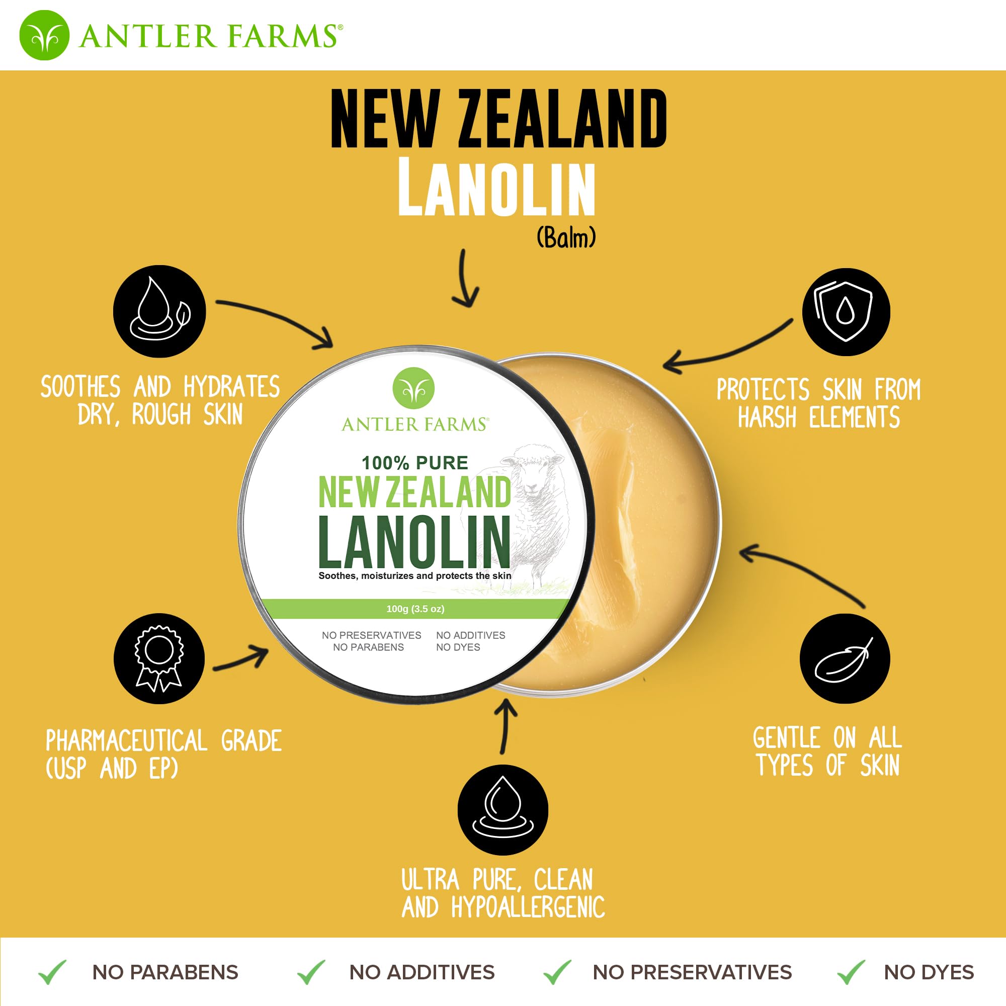 Antler Farms - 100% Pure New Zealand Lanolin (100g) | Skin Moisturizer and Protectant
