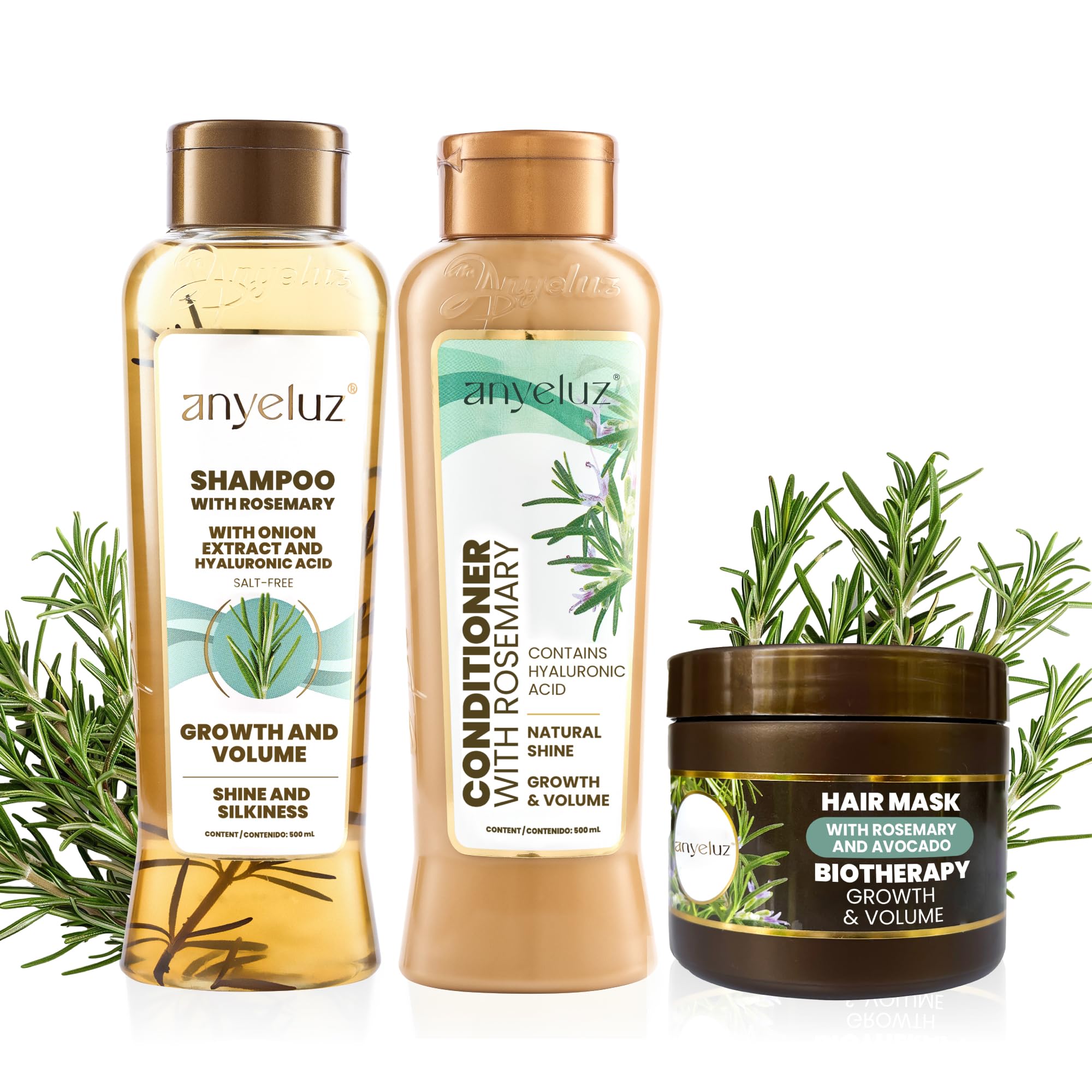 ANYELUZ Rosemary Hair Care Set: Shampoo, Conditioner & Mask with Hyaluronic Acid