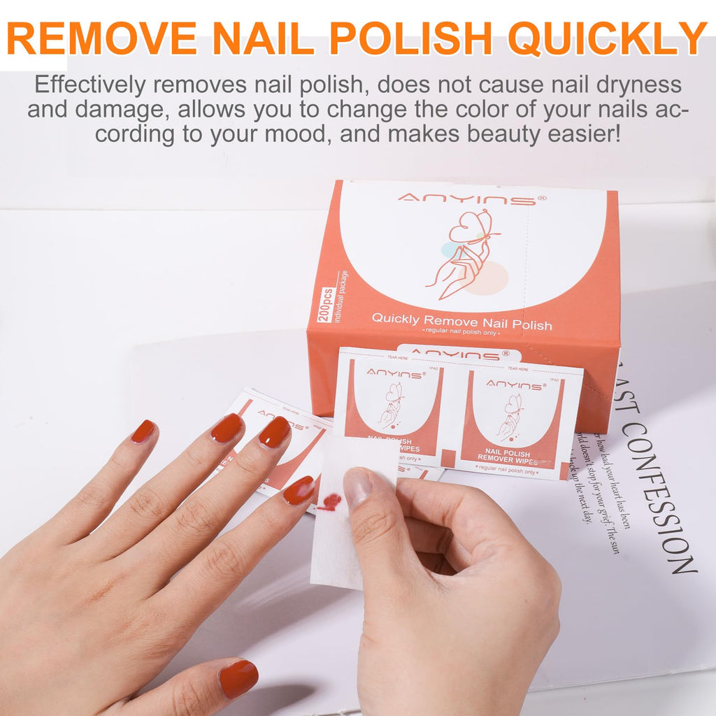 ANYINS Nail Polish Remover Pads – 200PCS, Acetone-Free Wipes with Nourishing Oils