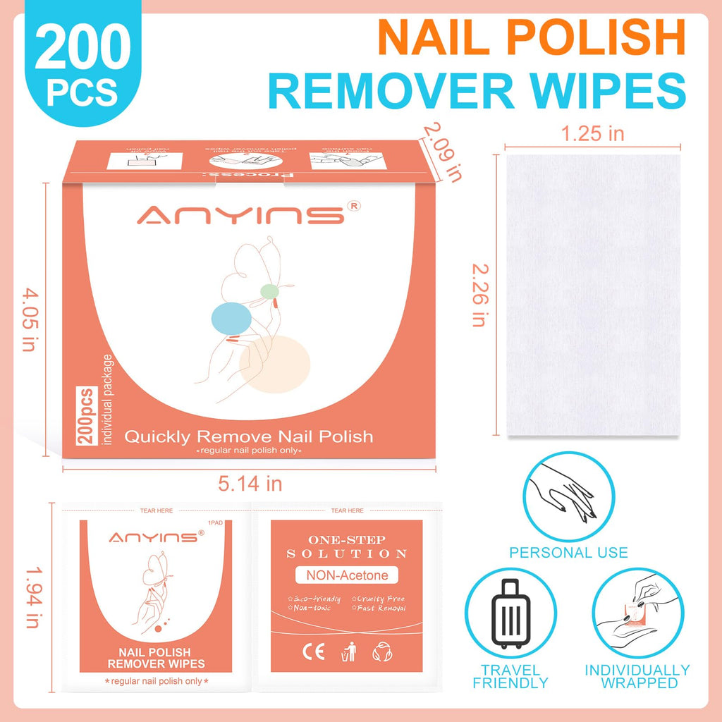 ANYINS Nail Polish Remover Pads – 200PCS, Acetone-Free Wipes with Nourishing Oils