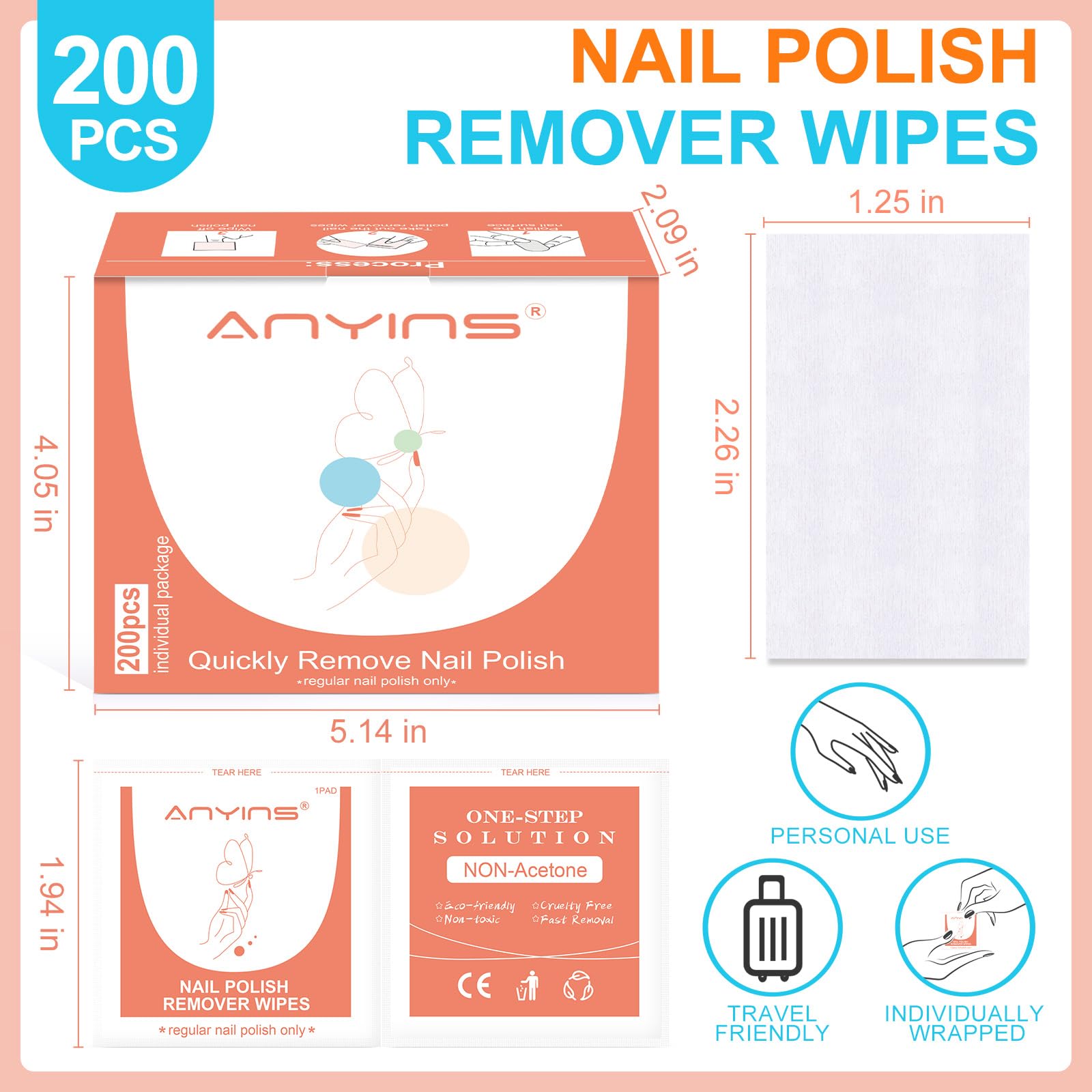 ANYINS Nail Polish Remover Pads – 200PCS, Acetone-Free Wipes with Nourishing Oils