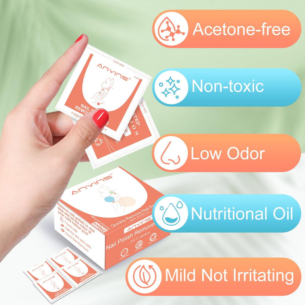 ANYINS Nail Polish Remover Pads – 200PCS, Acetone-Free Wipes with Nourishing Oils