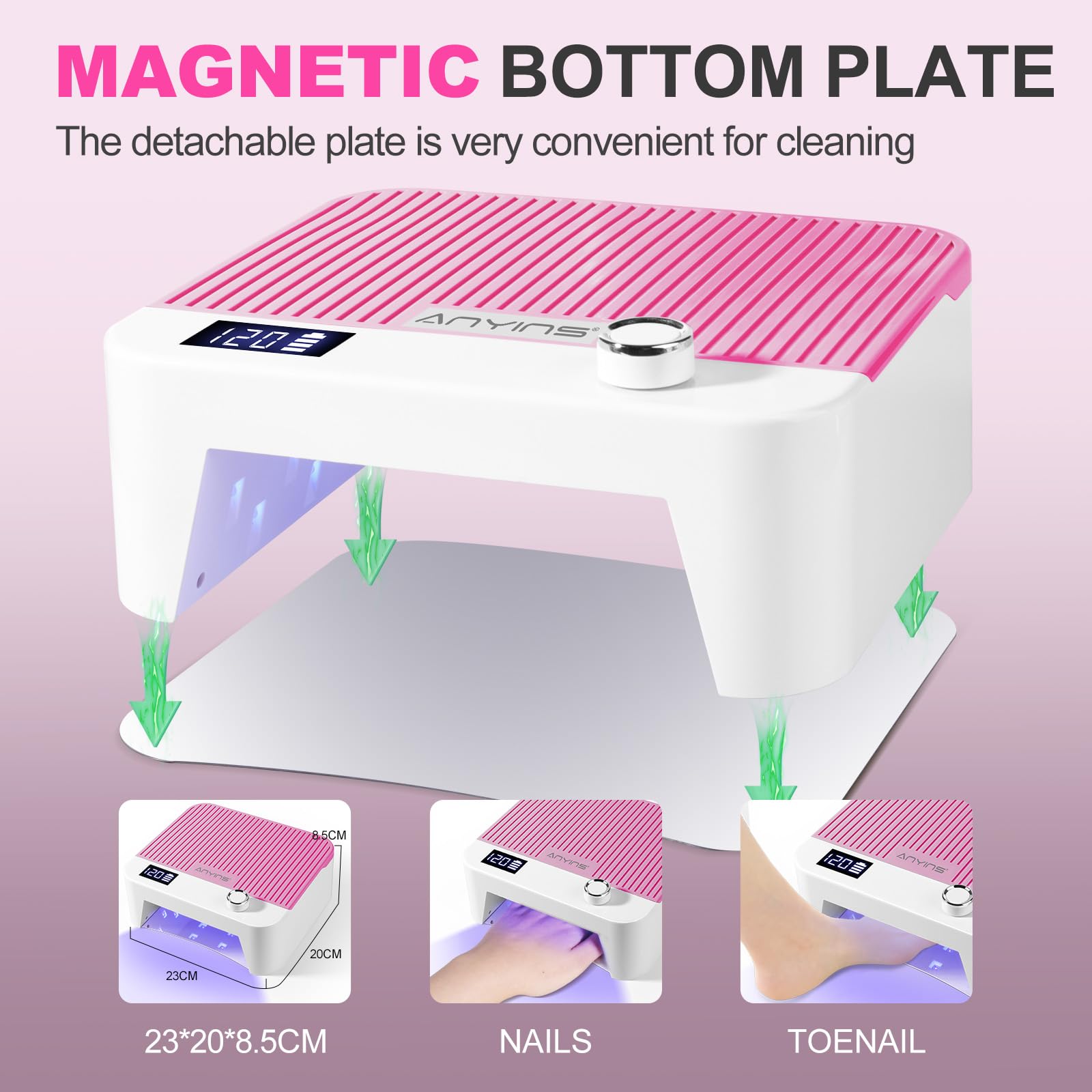 ANYINS UV Nail Lamp 120W – Fast, Even Gel Curing, Cordless with Auto-Sensor | Pink