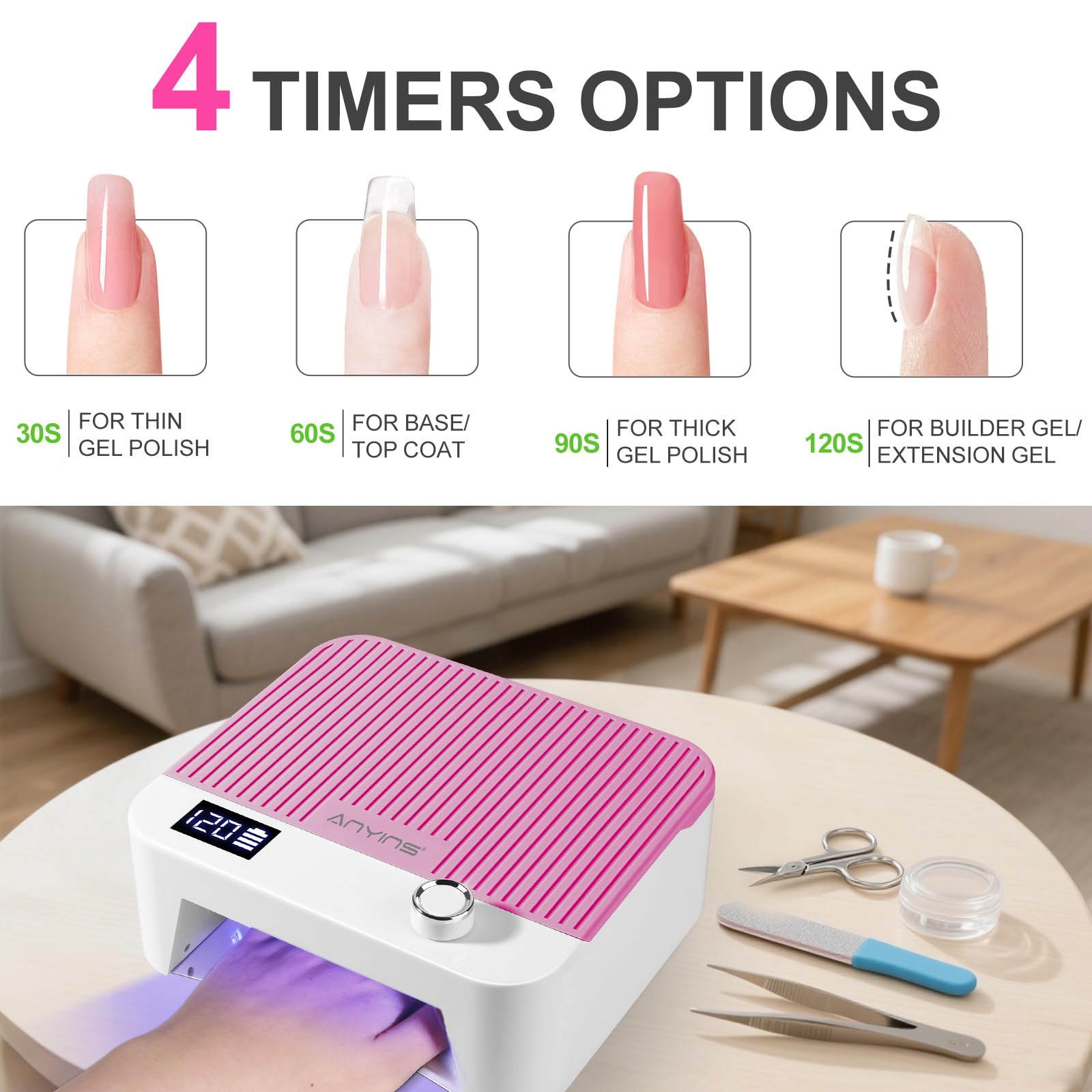 ANYINS UV Nail Lamp 120W – Fast, Even Gel Curing, Cordless with Auto-Sensor | Pink