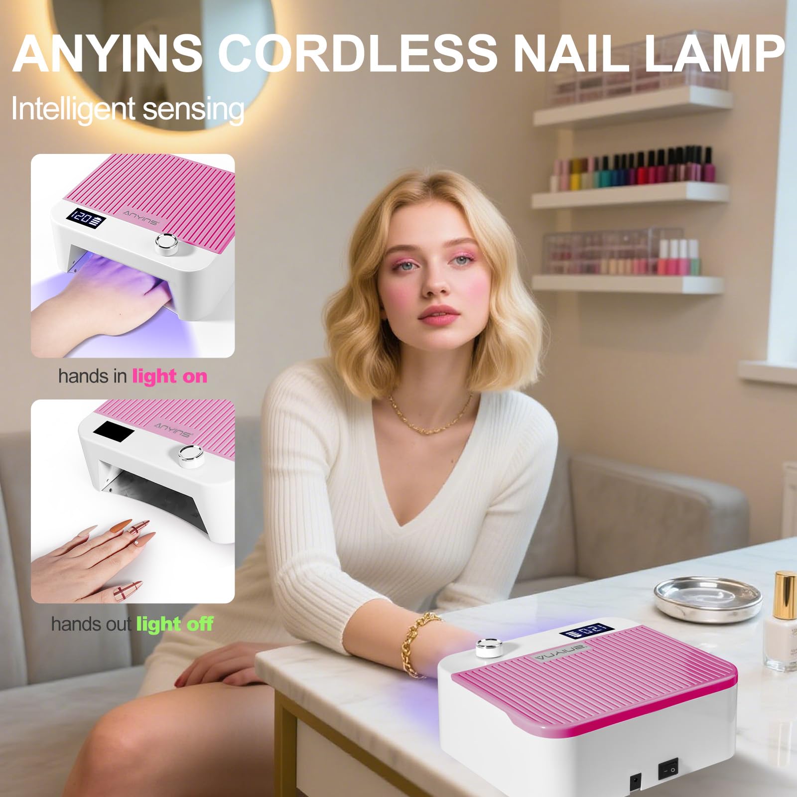 ANYINS UV Nail Lamp 120W – Fast, Even Gel Curing, Cordless with Auto-Sensor | Pink