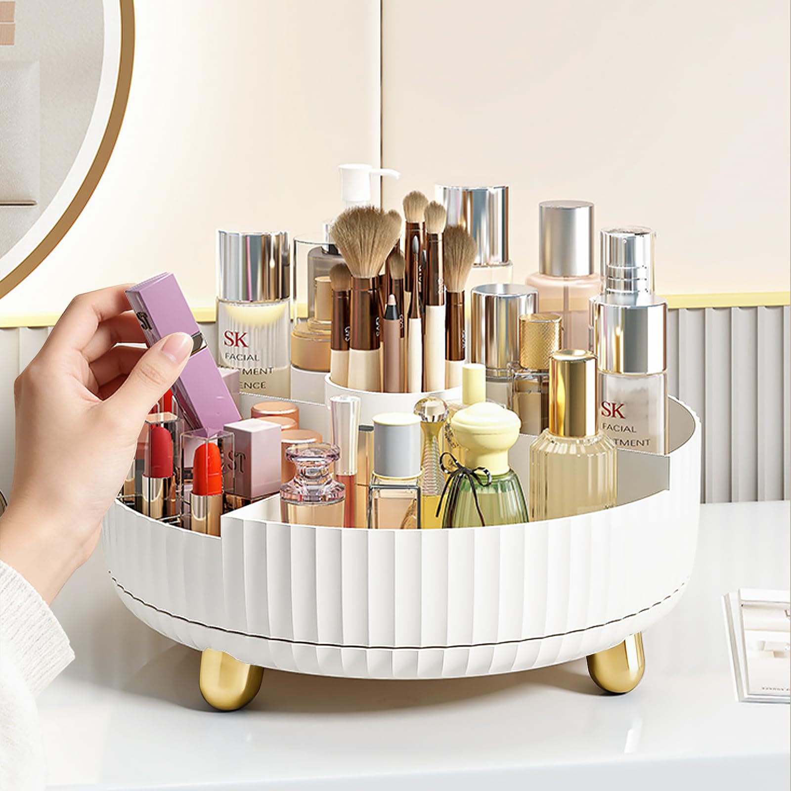 Anyoifax 360-Degree Rotating Makeup & Perfume Organizer Tray with Divider – Large White