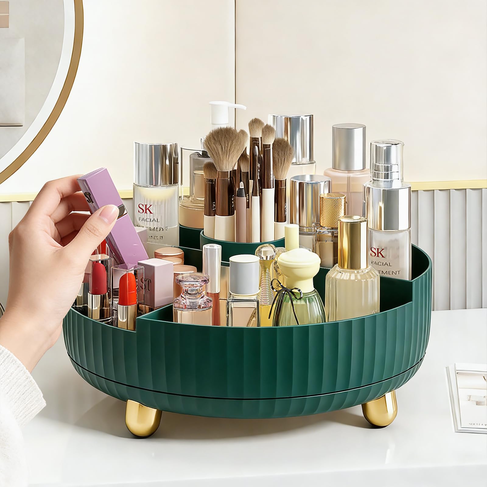 Anyoifax 360° Rotating Makeup & Perfume Organizer Tray – Teal Green