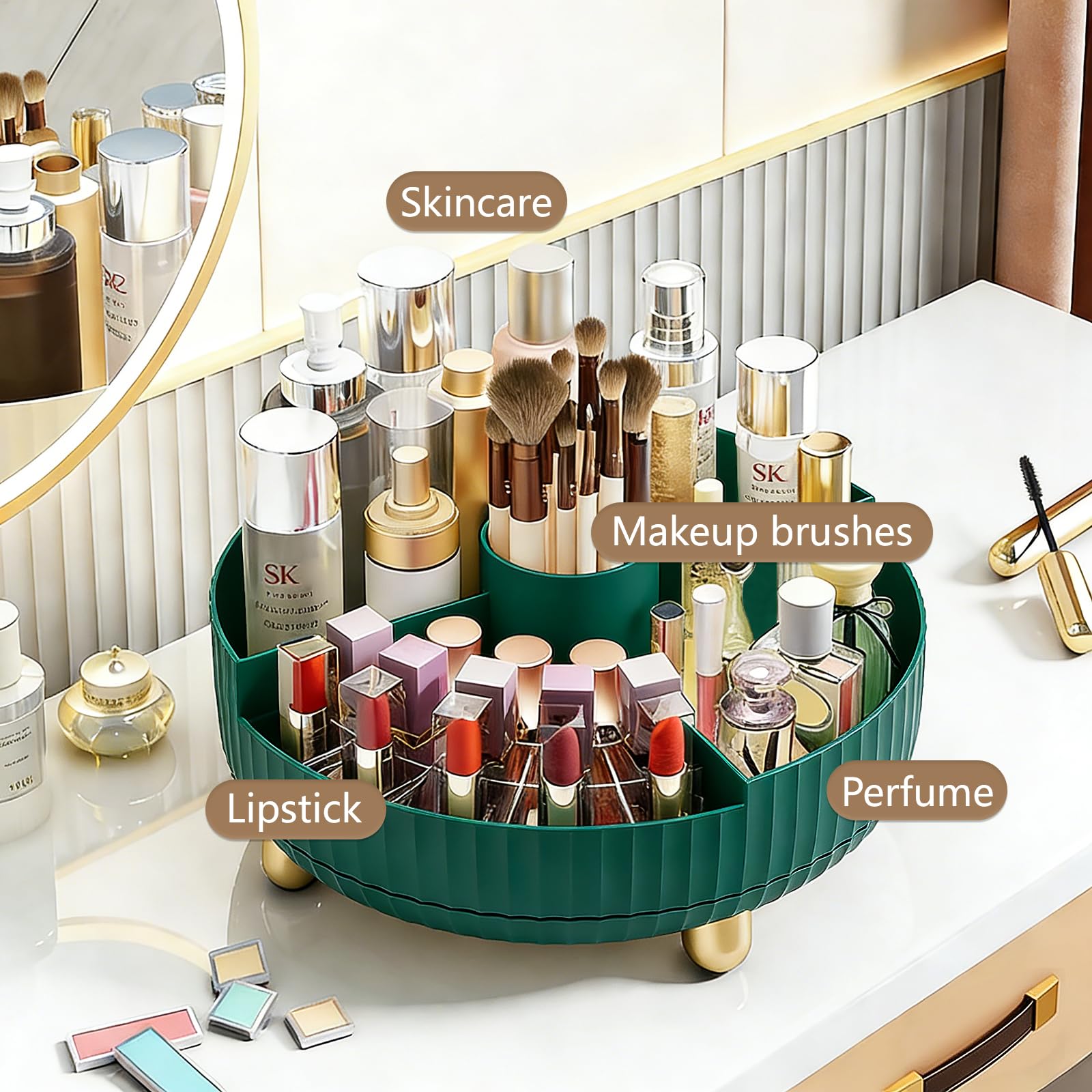 Anyoifax 360° Rotating Makeup & Perfume Organizer Tray – Teal Green