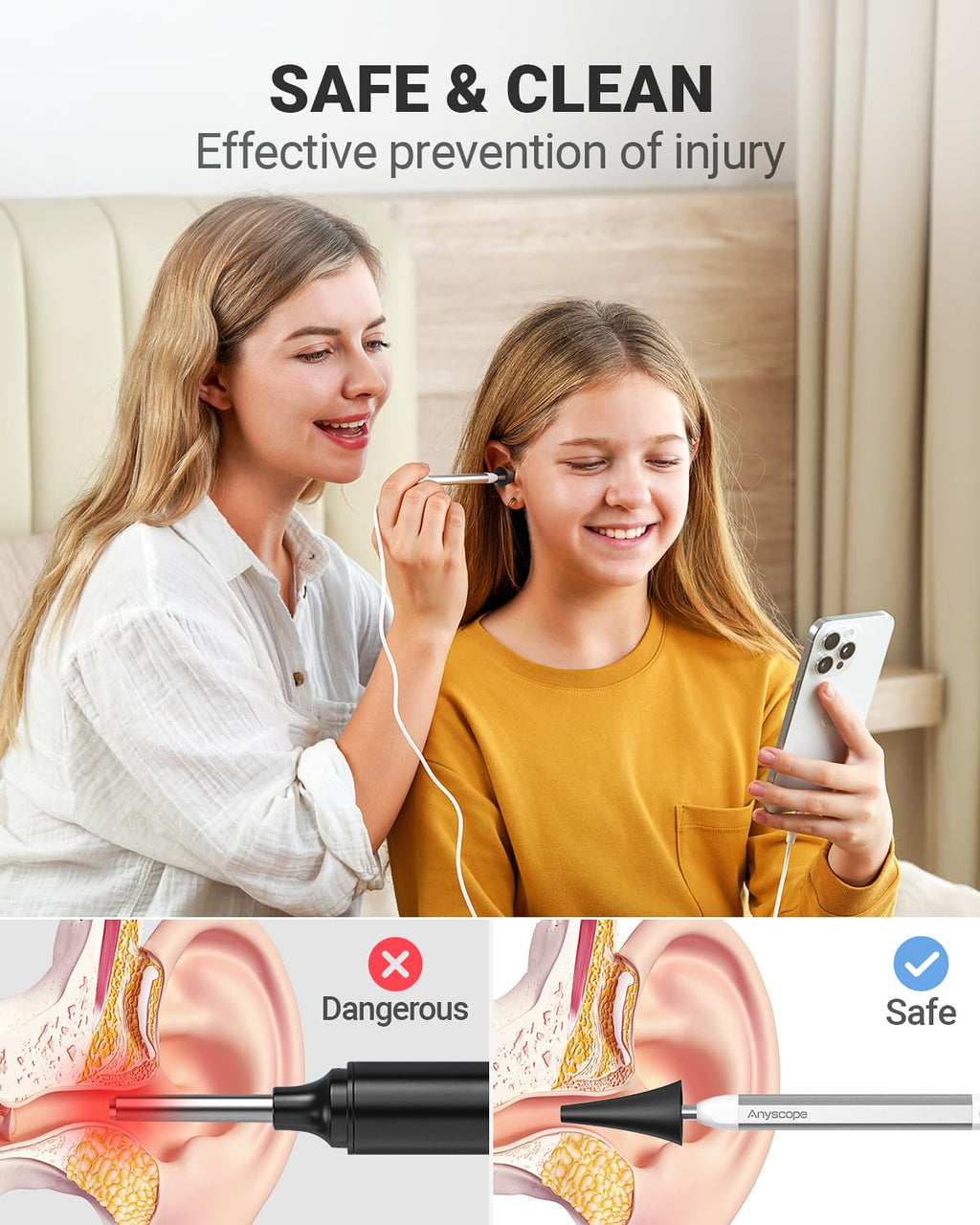AnyScope HD Digital Otoscope — Ear Camera with Light, iPhone & Android Compatible (Silver)