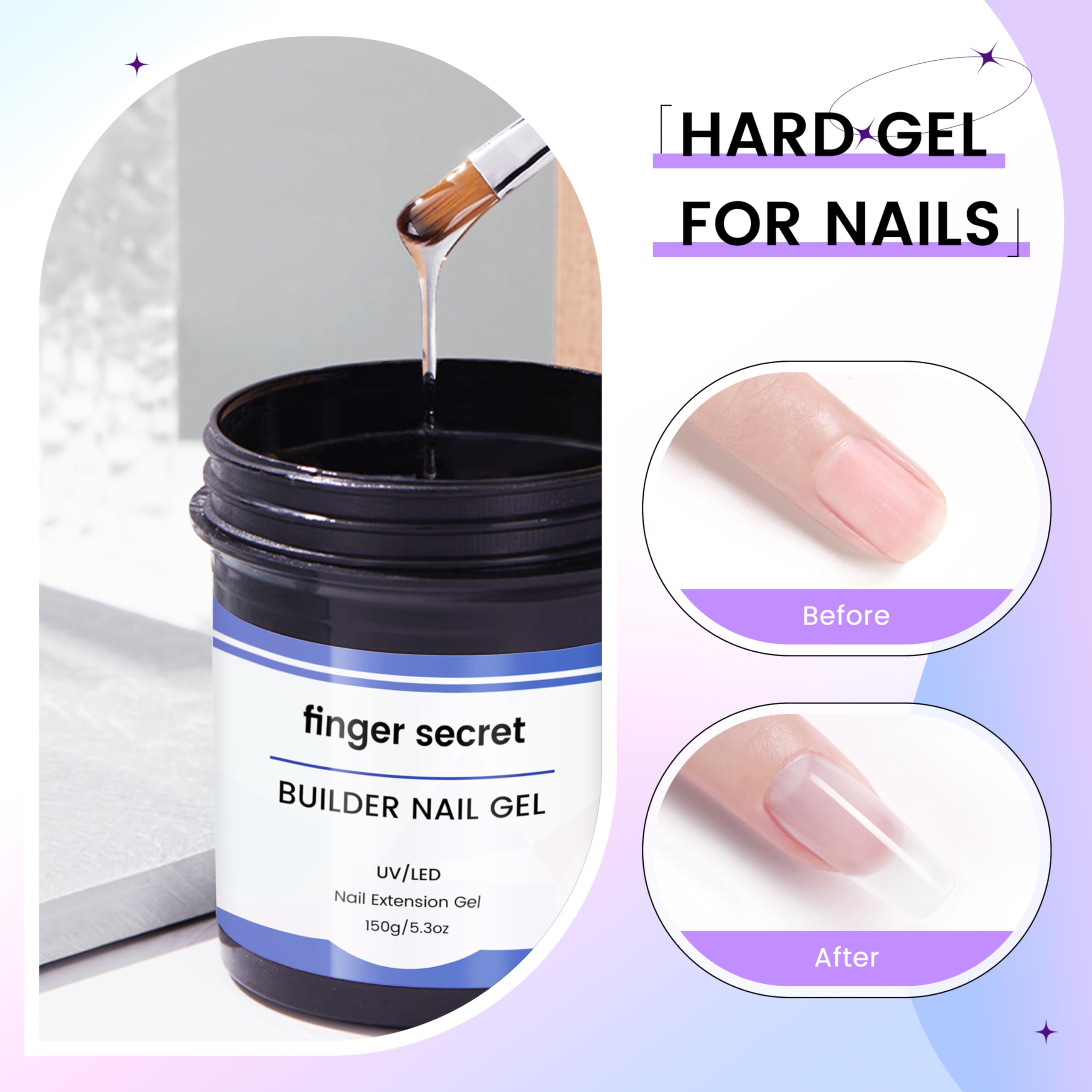 AOBOO Finger Secret Hard Gel for Nails – Builder Gel for Extensions (White/Transparent/Pink Nude), 5.3oz / 150g