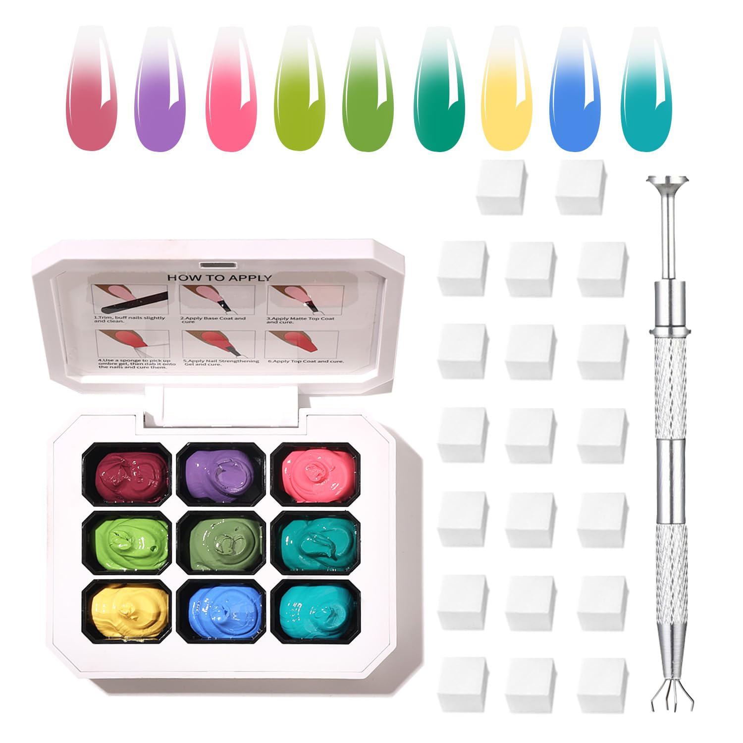 AOBOO Ombre Gel Nail Polish Kit – 9-Color Gradient Blush, Nail Sponges & Tools for At-Home Nail Art
