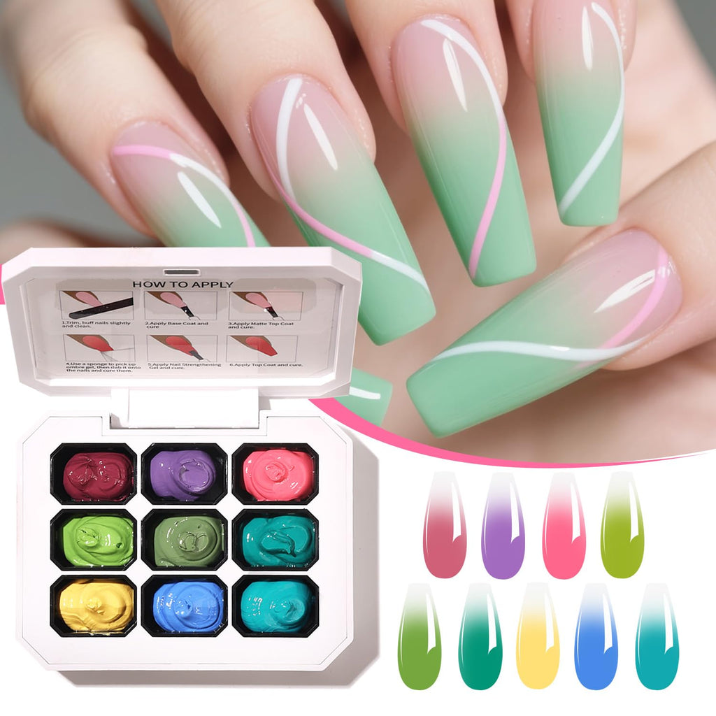 AOBOO Ombre Gel Nail Polish Kit – 9-Color Gradient Blush, Nail Sponges & Tools for At-Home Nail Art