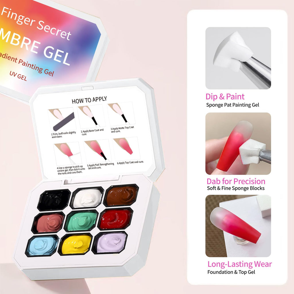 AOBOO Ombre Gel Nail Polish Kit – 9-Color Gradient Blush, Nail Sponges & Tools for At-Home Nail Art