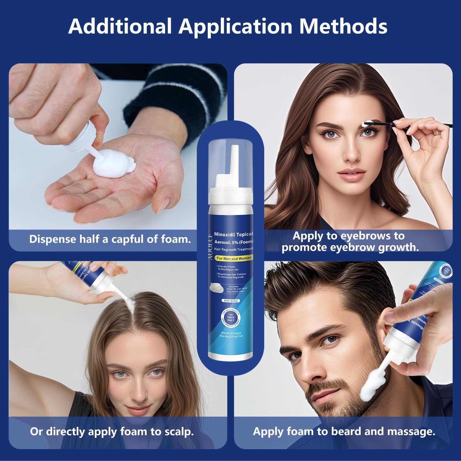 AOOLCF 5% Minoxidil Foam with Biotin – Hair Growth Treatment for Men & Women, 12.66 oz, 6-Month Supply