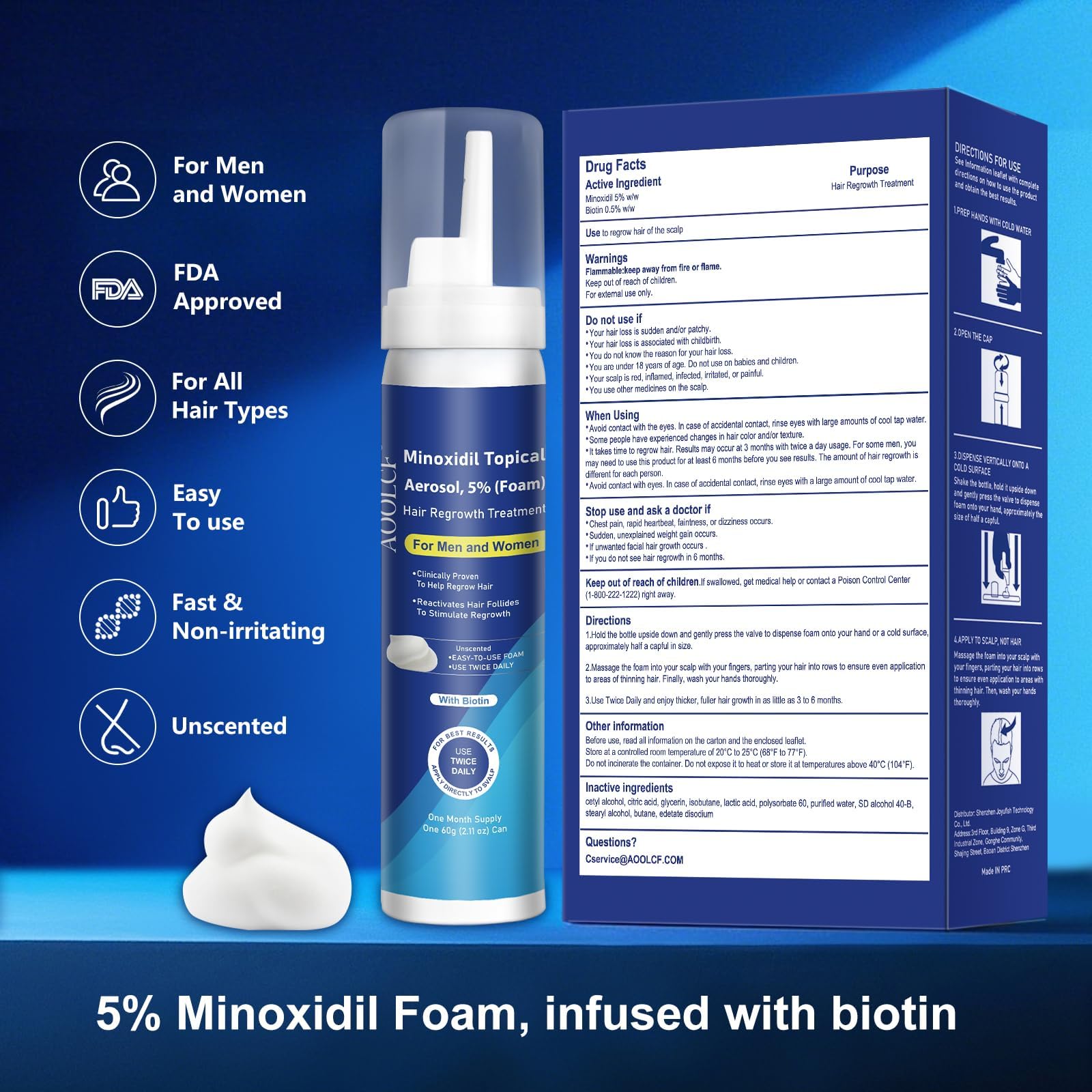AOOLCF 5% Minoxidil Foam with Biotin – Hair Growth Treatment for Men & Women, 12.66 oz, 6-Month Supply