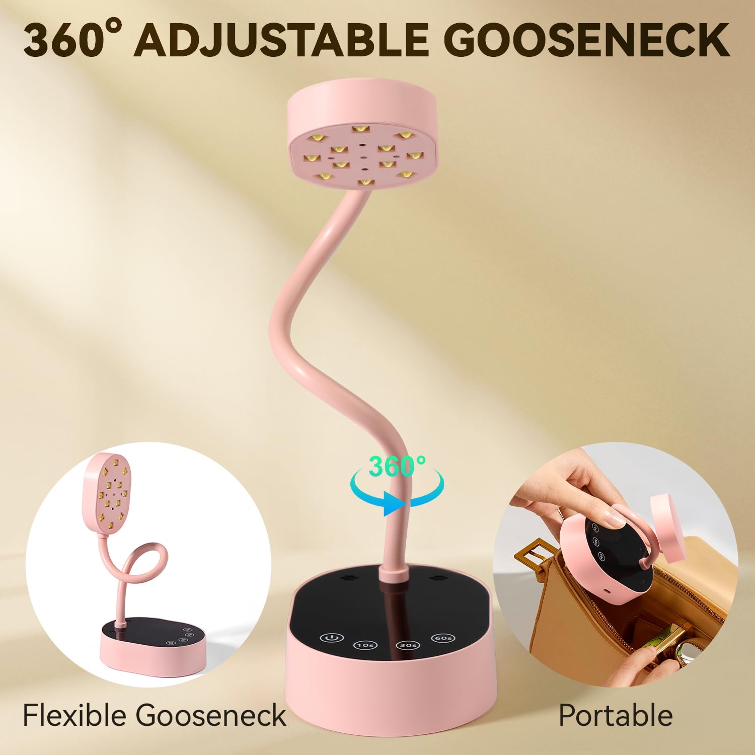 AORAEM UV Nail Lamp | Gooseneck Mini 36W Rechargeable LED, 4 Timers & Auto Sensor, Pink