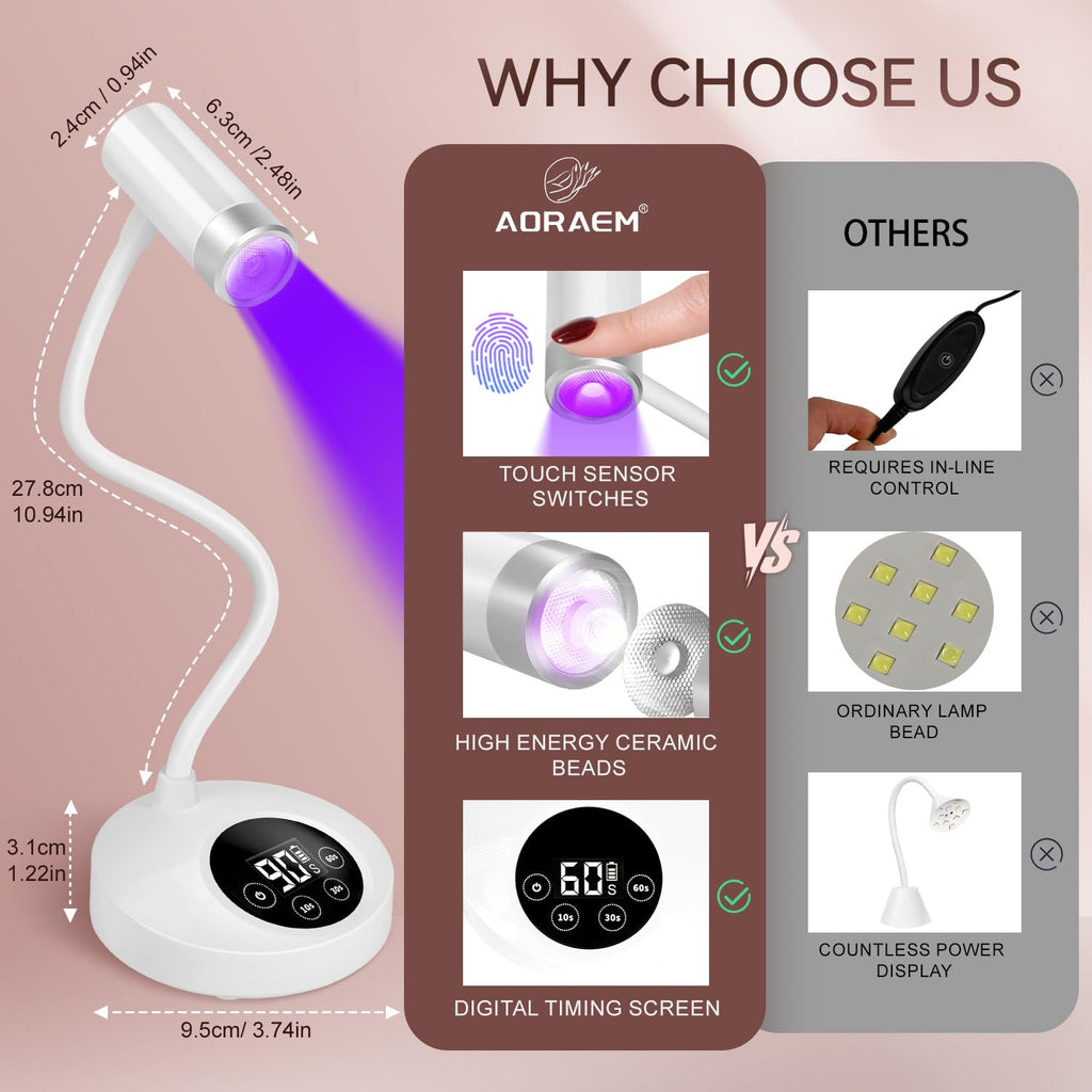 AORAEM UV LED Nail Lamp – Rechargeable Gooseneck 12W Quick Cure with 4 Timers & Auto Sensor