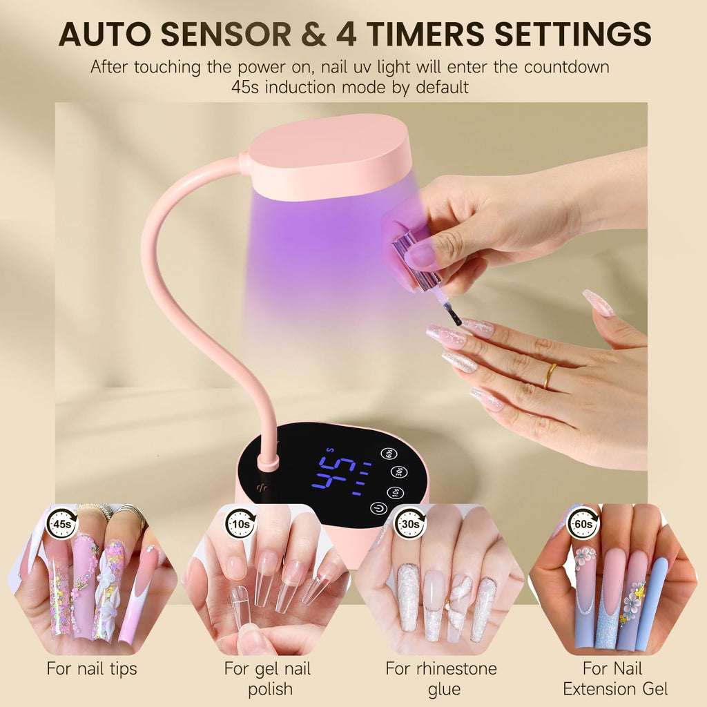 AORAEM UV Nail Lamp | Gooseneck Mini 36W Rechargeable LED, 4 Timers & Auto Sensor, Pink