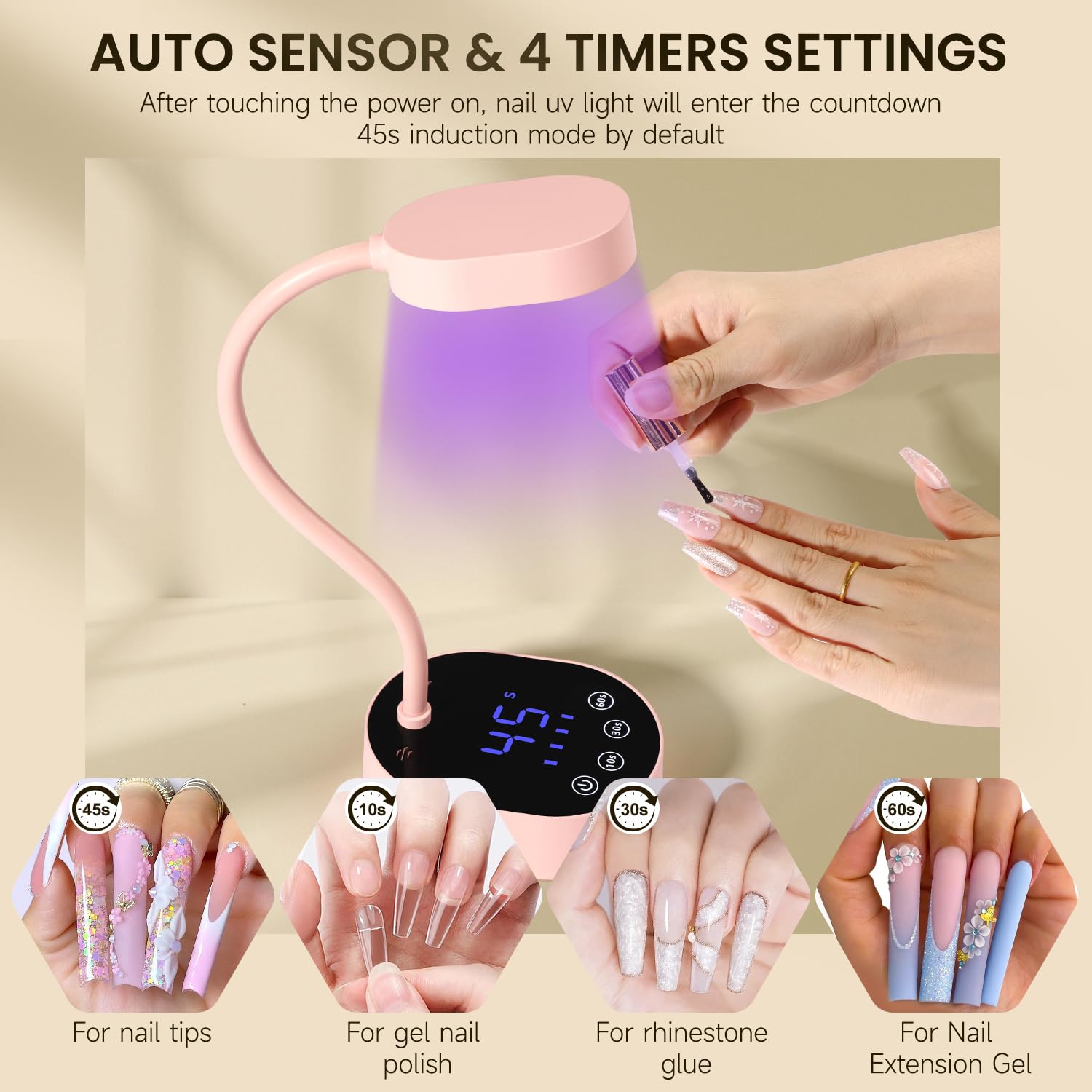 AORAEM UV Nail Lamp | Gooseneck Mini 36W Rechargeable LED, 4 Timers & Auto Sensor, Pink