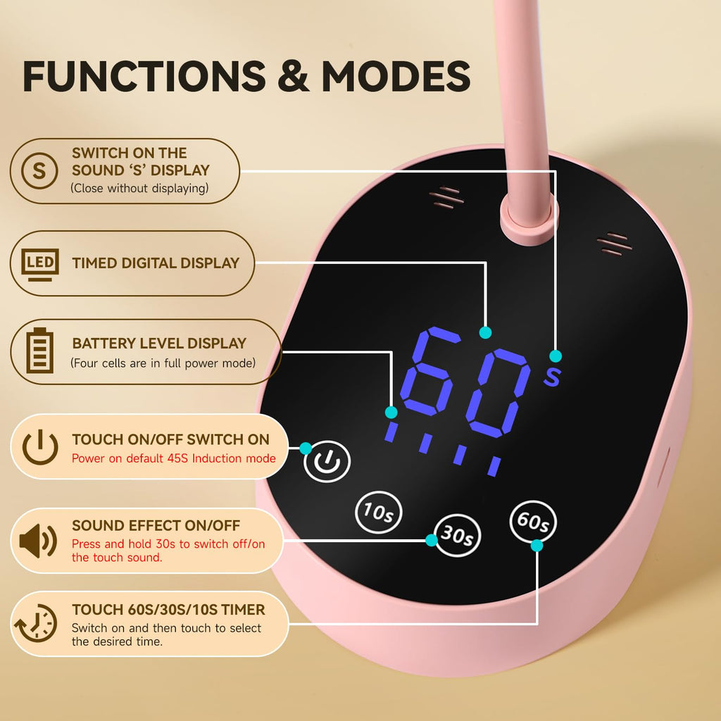 AORAEM UV Nail Lamp | Gooseneck Mini 36W Rechargeable LED, 4 Timers & Auto Sensor, Pink