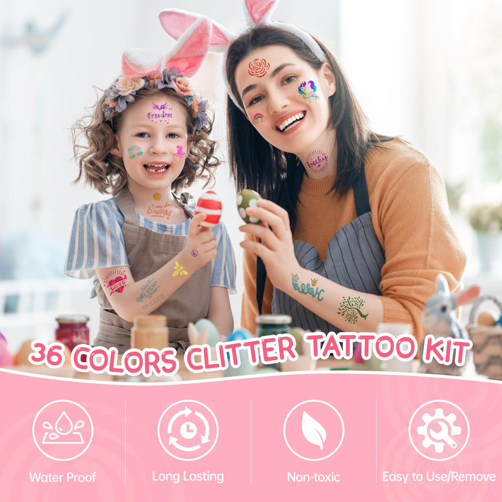 Aottom Temporary Glitter Tattoo Kit for Kids – 220 Templates, 70+ Stickers, 36 Glitter Colors, 3 Glues, 5 Brushes