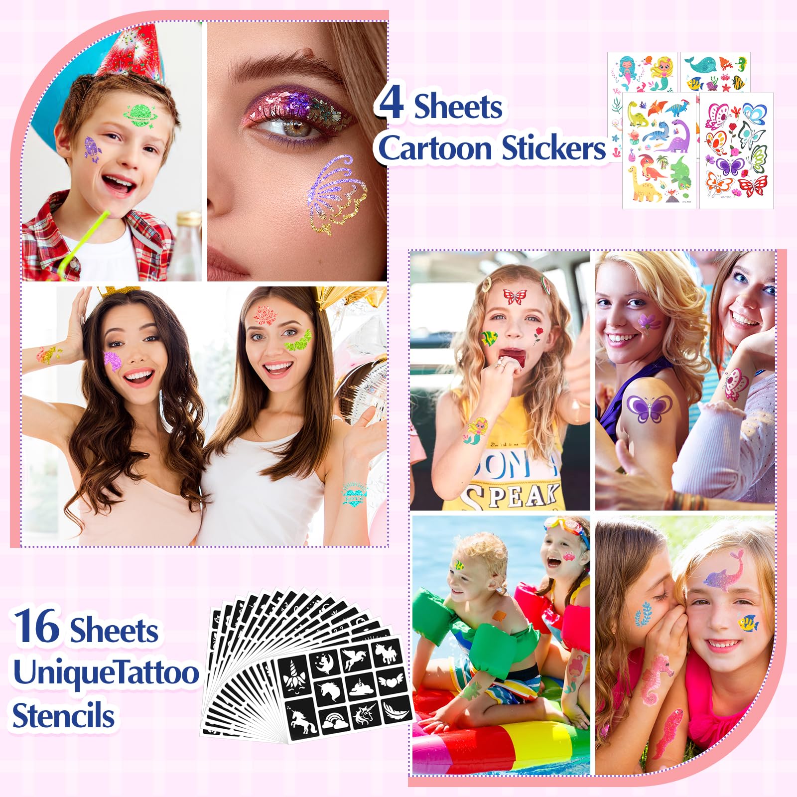 Aottom Temporary Glitter Tattoo Kit for Kids – 220 Templates, 70+ Stickers, 36 Glitter Colors, 3 Glues, 5 Brushes