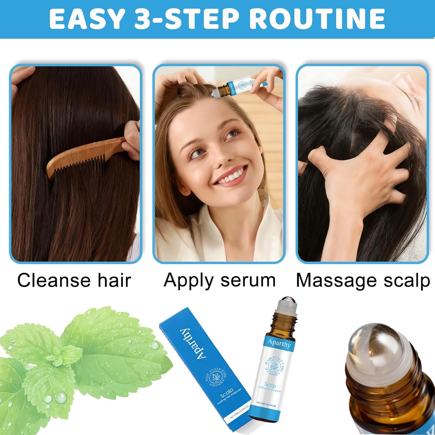 Aparthy Hair Growth Roll-On Serum – Advanced Menthol & Camellia Oleifera Seed Oil, 3-Pack, Non-Messy Rollerball for Men & Women