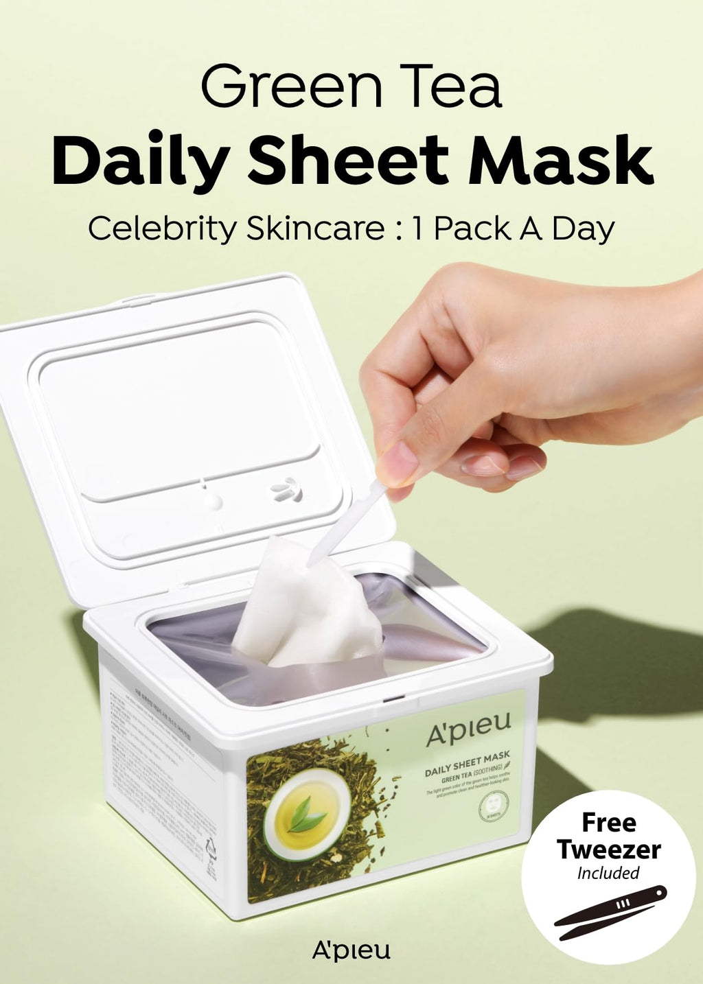 A'PIEU Daily Sheet Mask (Green Tea) – 30-Day Moisturizing Lyocell Mask for All Skin Types