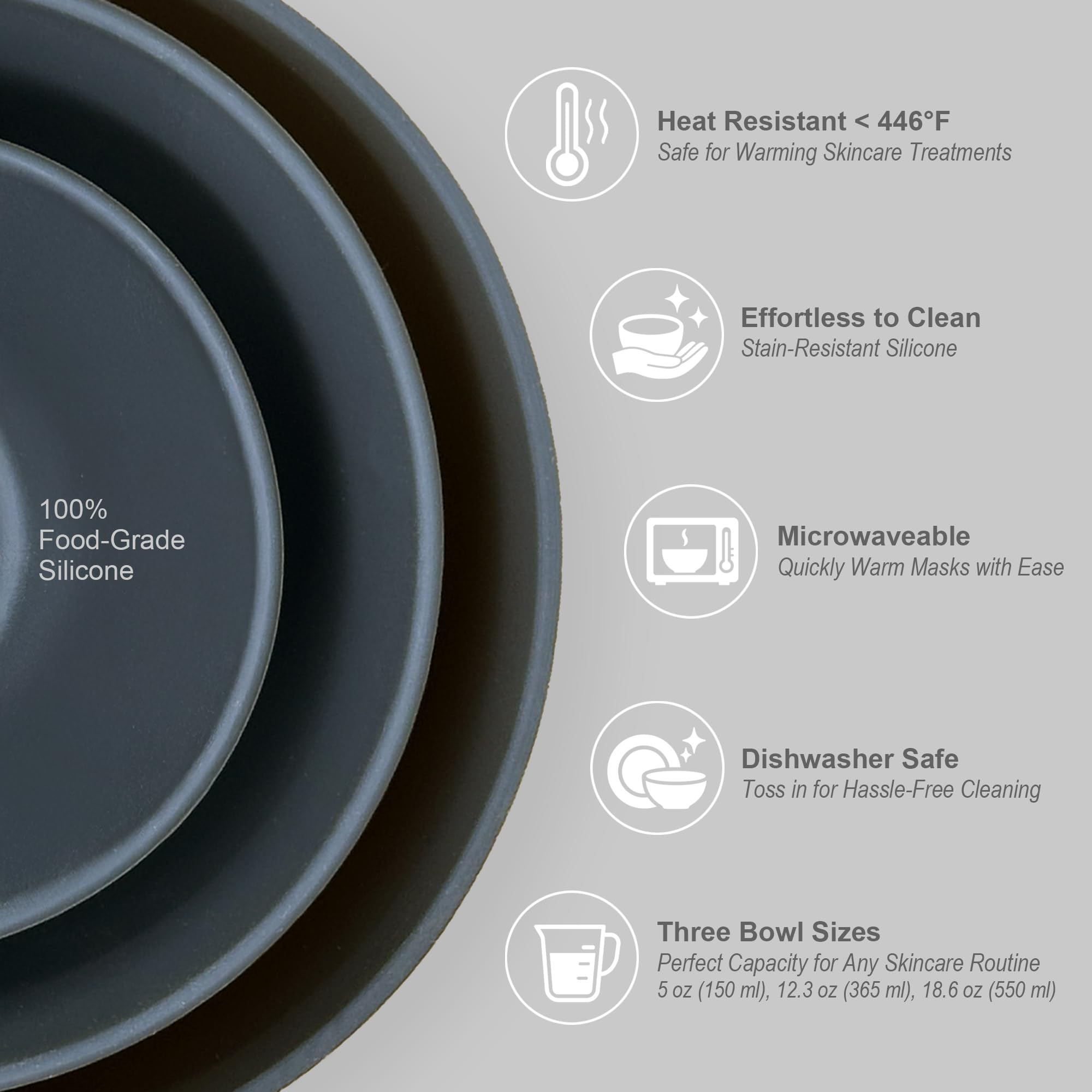 APPEARUS Facial Mask Silicone Mixing Bowl Set – 6-Piece Spa Skincare Kit (Dark Gray), 3 Bowls, Brush & Spatulas, Microwave & Dishwasher Safe