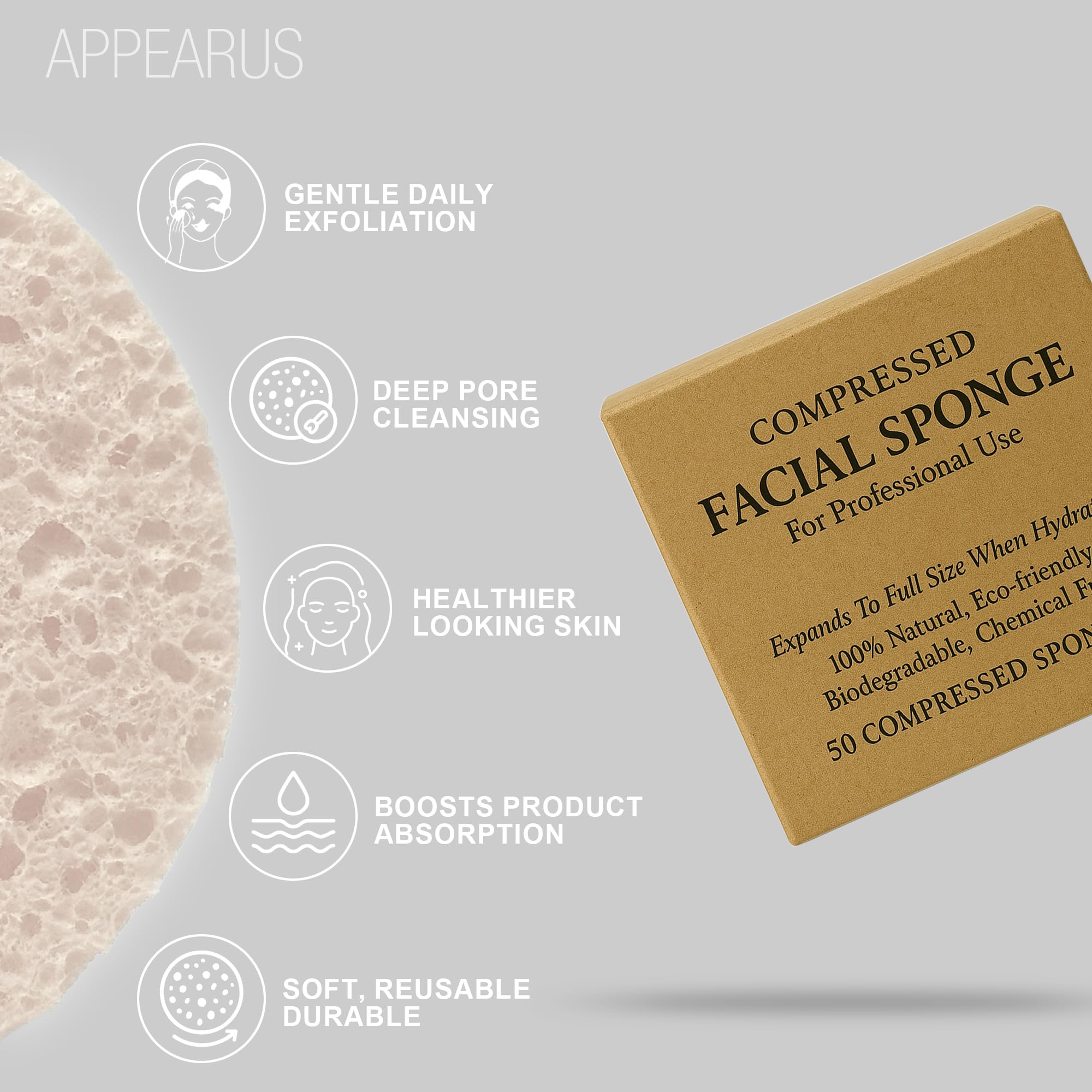 Appearus Natural Cellulose Facial Sponges – 50 Pack (Compressed) – Gentle Cleansing & Makeup Removal